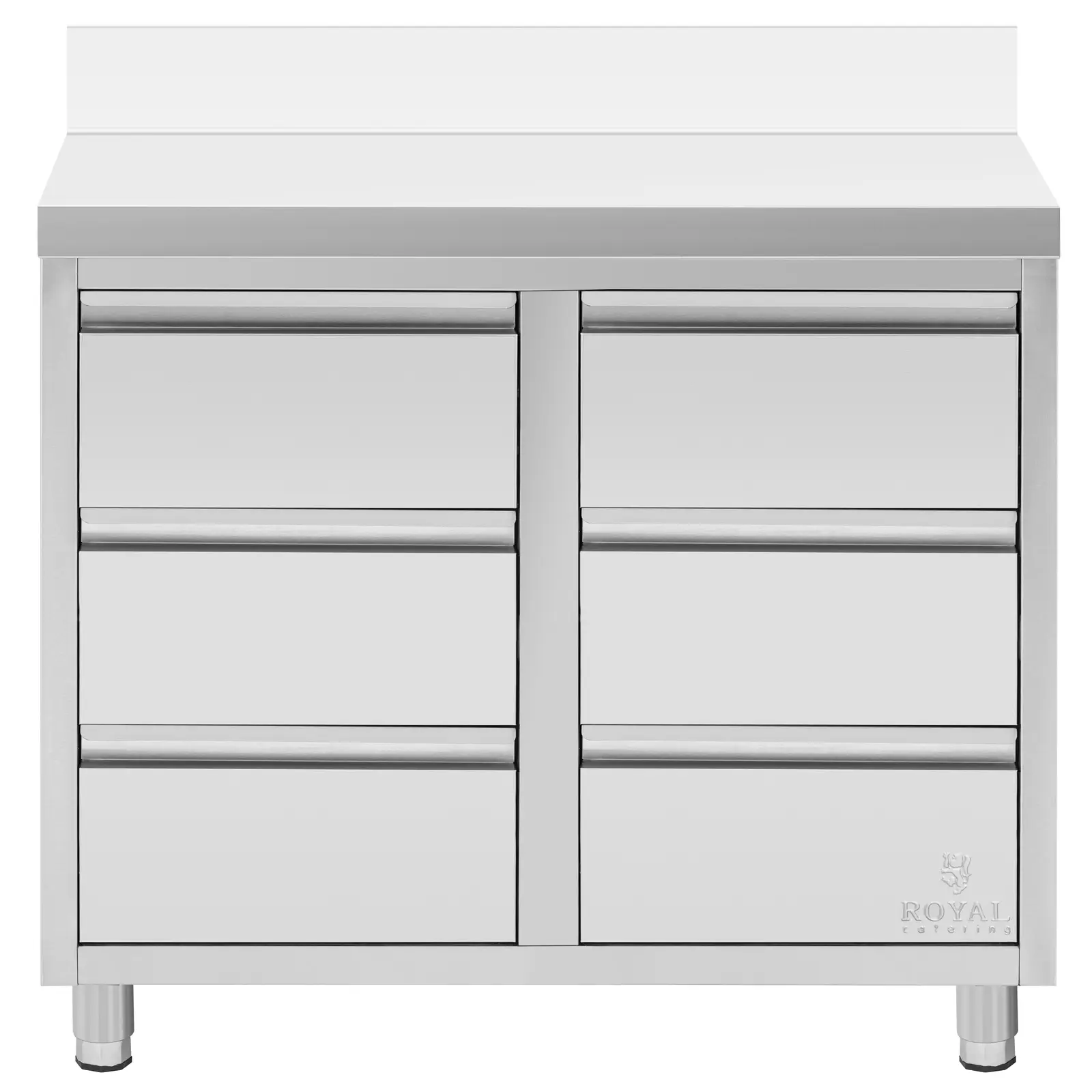 Meuble bas en inox - 100 x 60 cm - 72 kg - 6 tiroirs - avec dosseret - Royal Catering (Dimensions du tiroir (LxlxH) [cm]: 37,5 x 36 x 16 (intérieur))