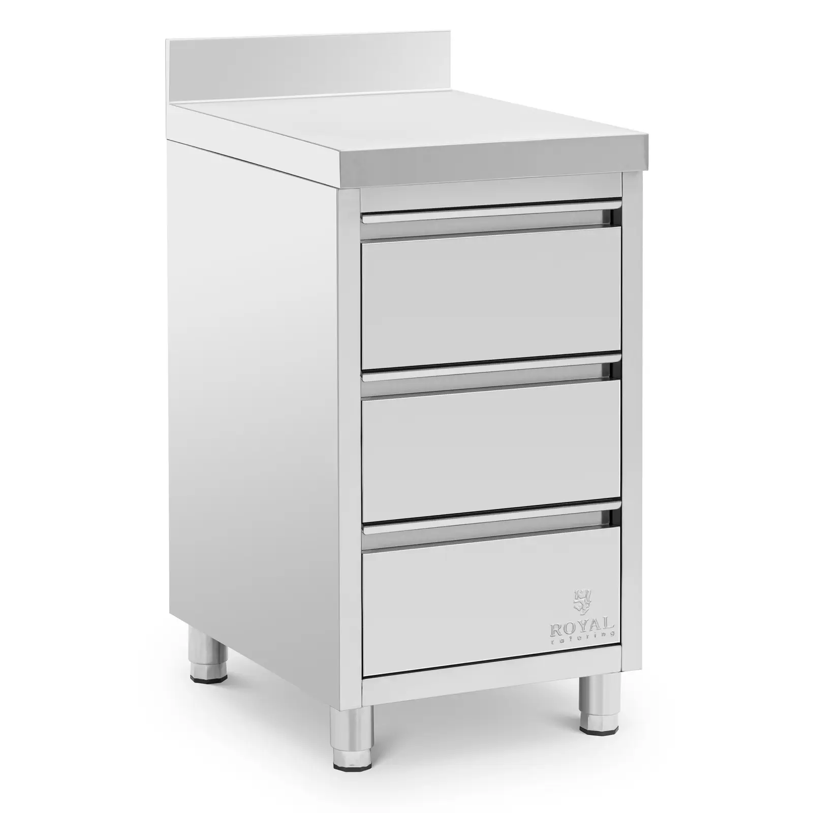 Antrieji gamyklos produktai Nerūdijančio plieno darbo spinta - 50 x 60 cm - 186 kg - 3 stalčiai - su pakeltu kraštu - Royal Catering