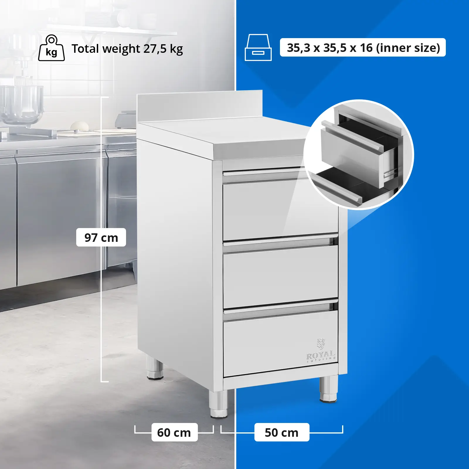  Nerezová kuchyňská skříňka s pracovní deskou - 50 x 60 cm - 186 kg - 3 zásuvky - s lemem - Royal Catering (Materiál: Ušlechtilá ocel (201))