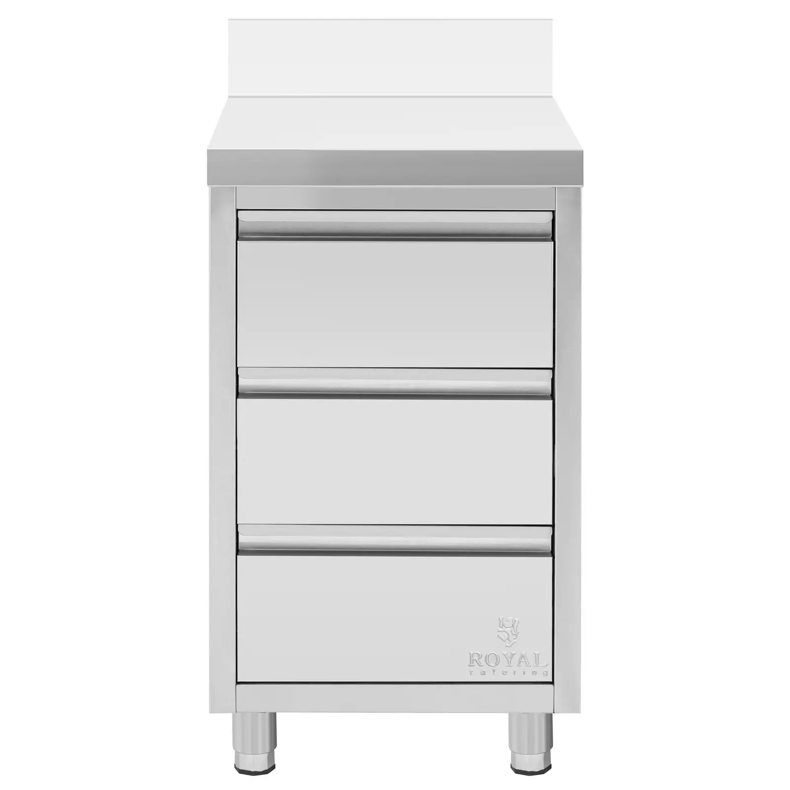  Nerezová kuchyňská skříňka s pracovní deskou - 50 x 60 cm - 186 kg - 3 zásuvky - s lemem - Royal Catering (Rozměry zásuvek (DxŠxV) [cm]: 35,3 x 35,5 x 16 (vnitřní velikost))