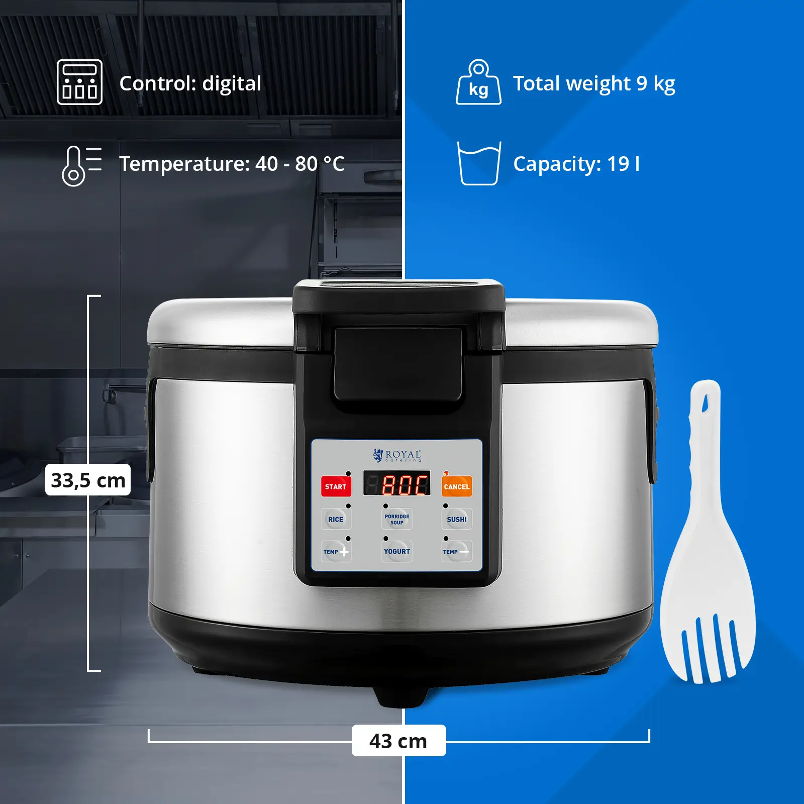 Ohřívač rýže - 19 l - digitální nastavení teploty: 40 - 80 °C - Royal Catering (Materiál: Hliník)