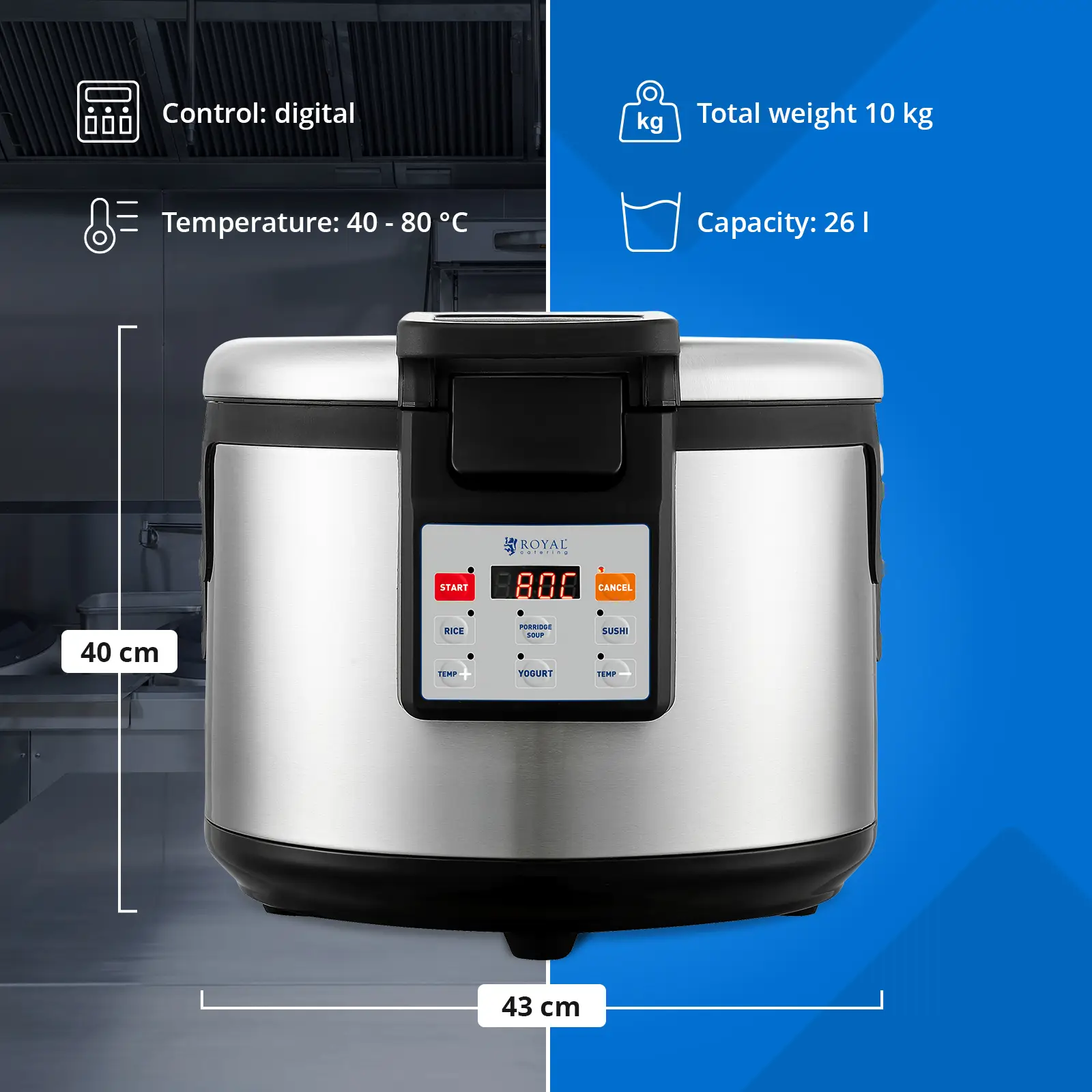 Ohřívač rýže - 26 l - digitální nastavení teploty: 40 - 80 °C - Royal Catering (Materiál: Hliník)