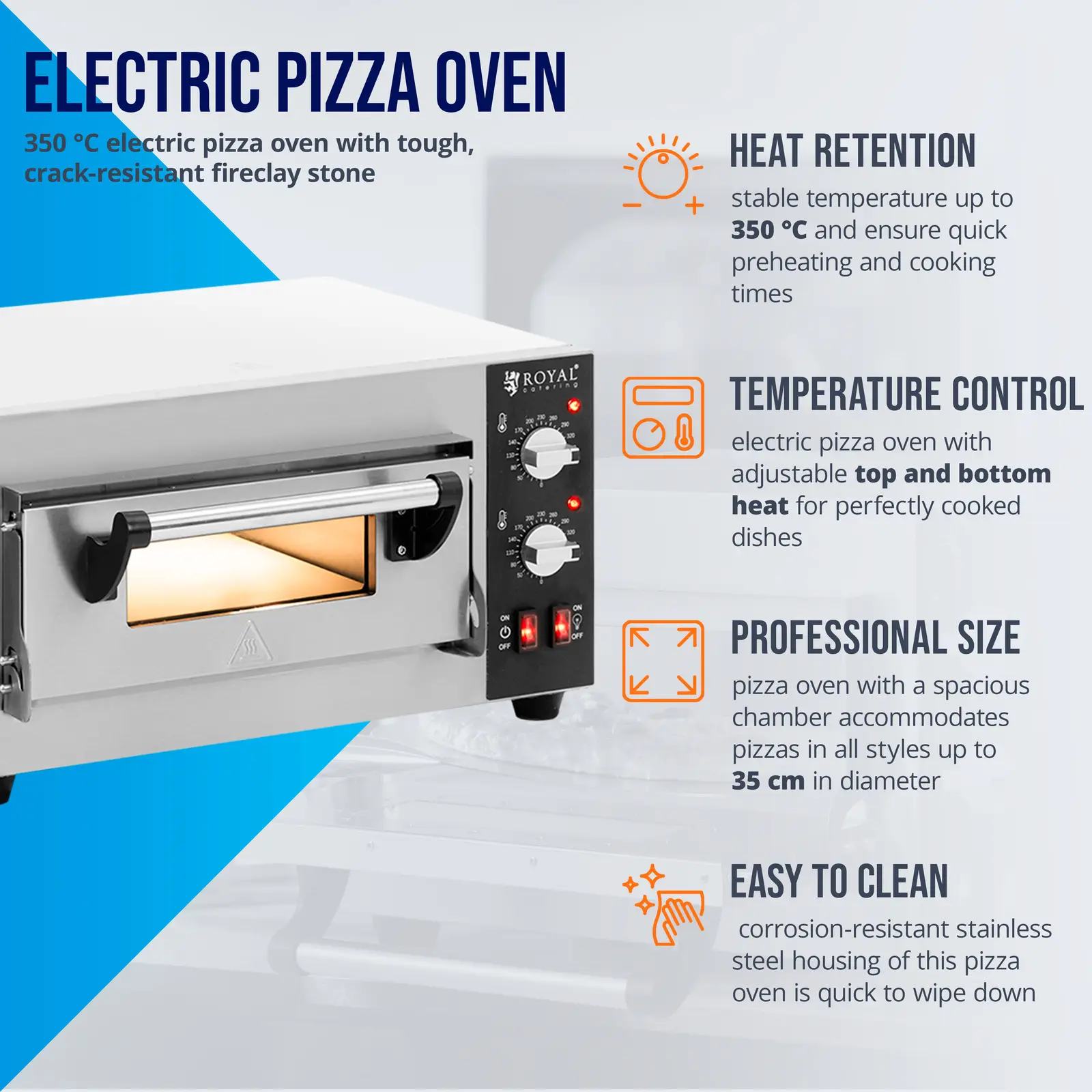 Elektrická pec na pizzu - 1 x 35 cm - 1 komora - 2 000 W - šamot - Royal Catering (Síla proudu: 8.6 Ah)