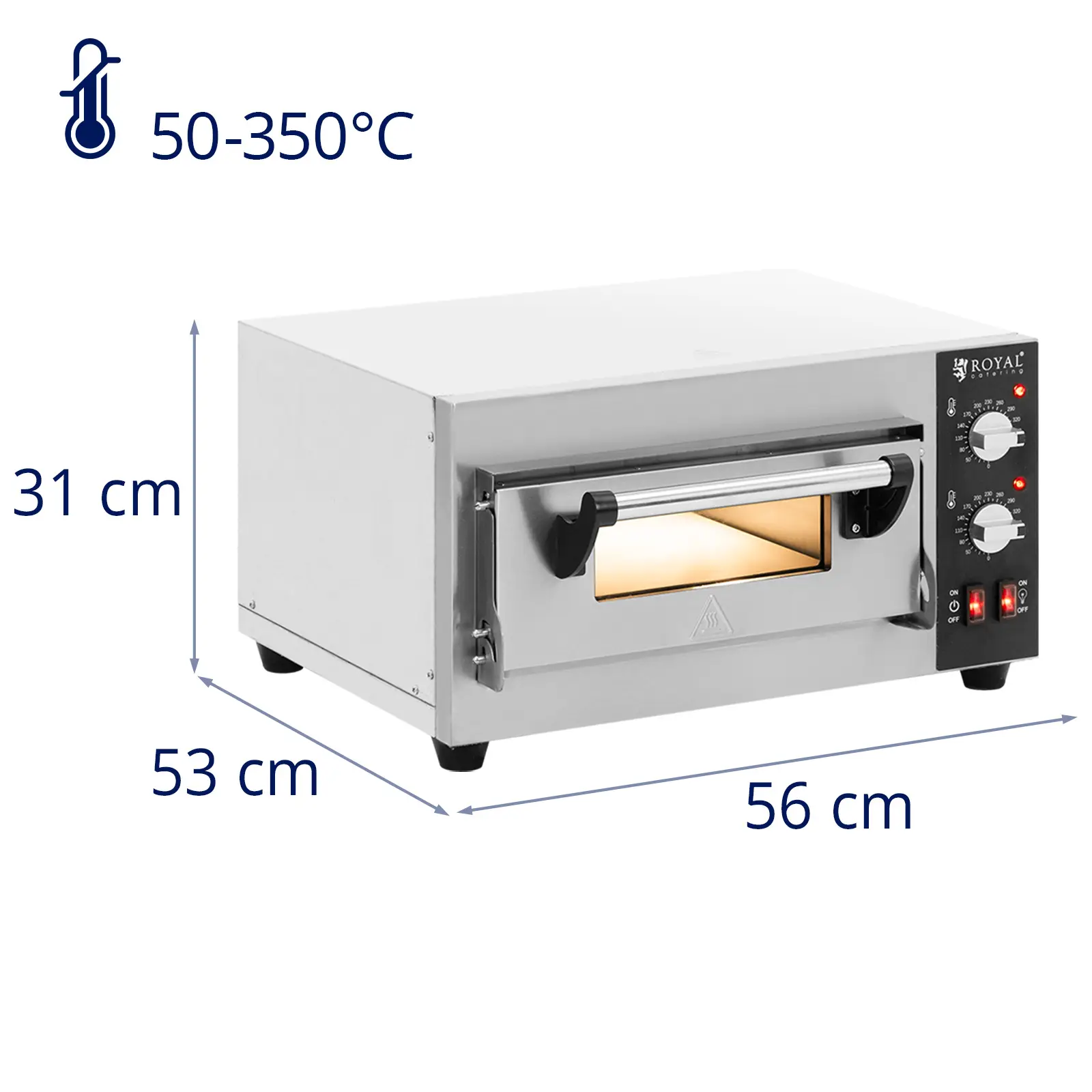Elektrická pec na pizzu - 1 x 35 cm - 1 komora - 2 000 W - šamot - Royal Catering (Skleněné okno: Ano)