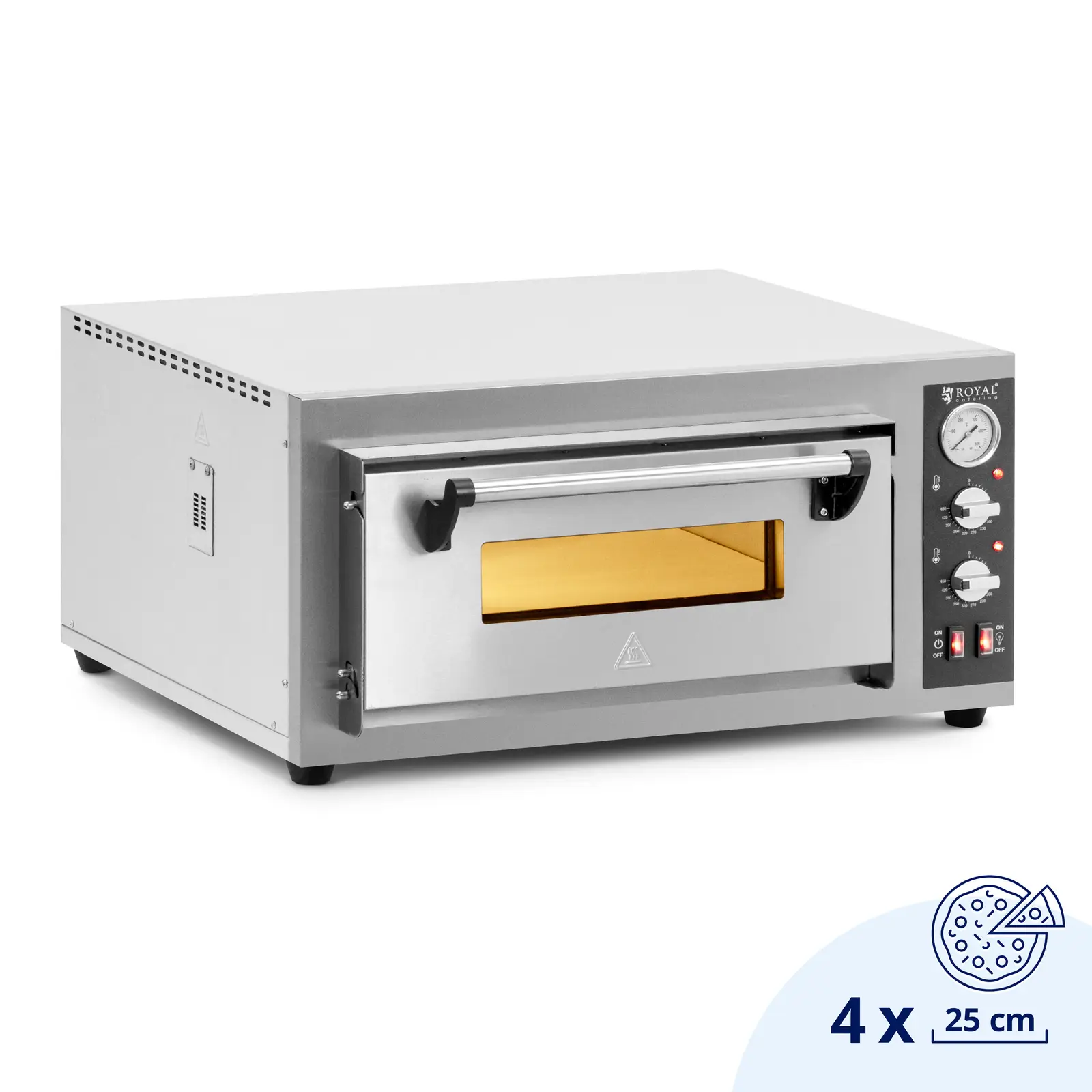 Piec do pizzy elektryczny - 4 x 25 cm - jednokomorowy - 4200 W - kamień szamotowy - Royal Catering