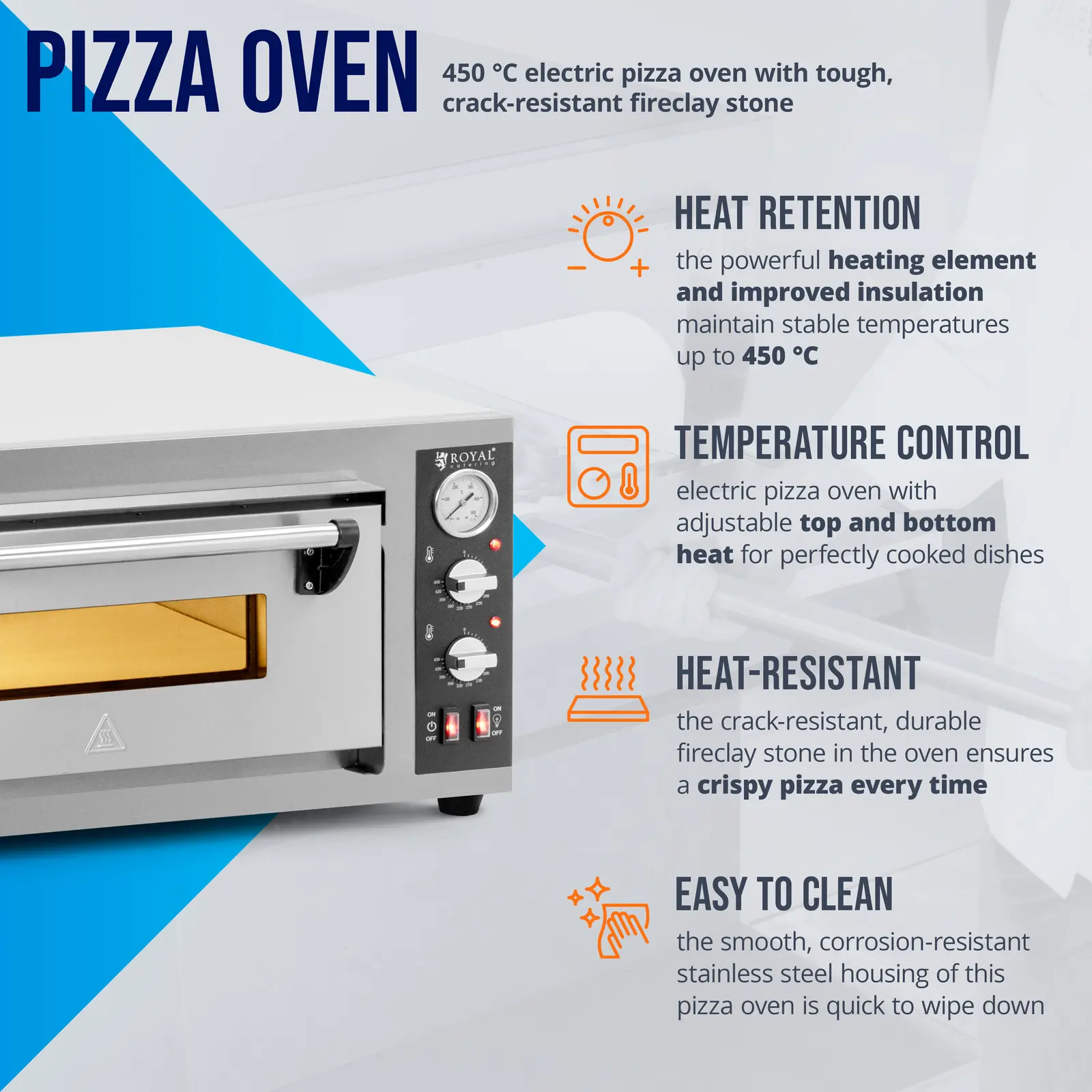 Elektrická pec na pizzu - 4 x 25 cm - 1 komora - 4 200 W - šamot - Royal Catering (Síla proudu: 18.2 Ah)
