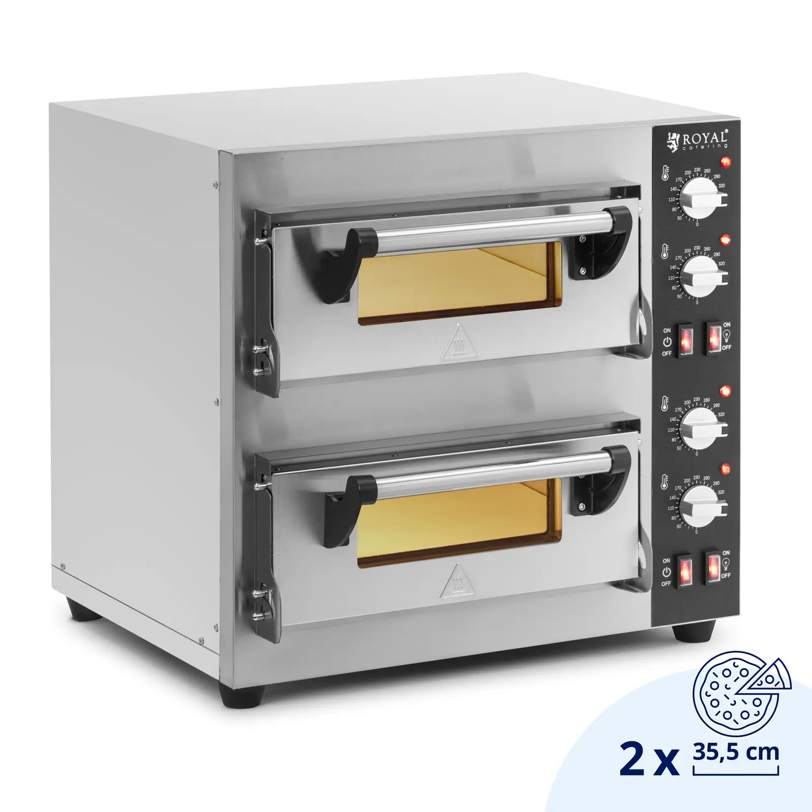 Elektromos pizzasütő kemence - 1+1 x 35 cm - 2 kamra - 4000 W - samottkő - Royal Catering