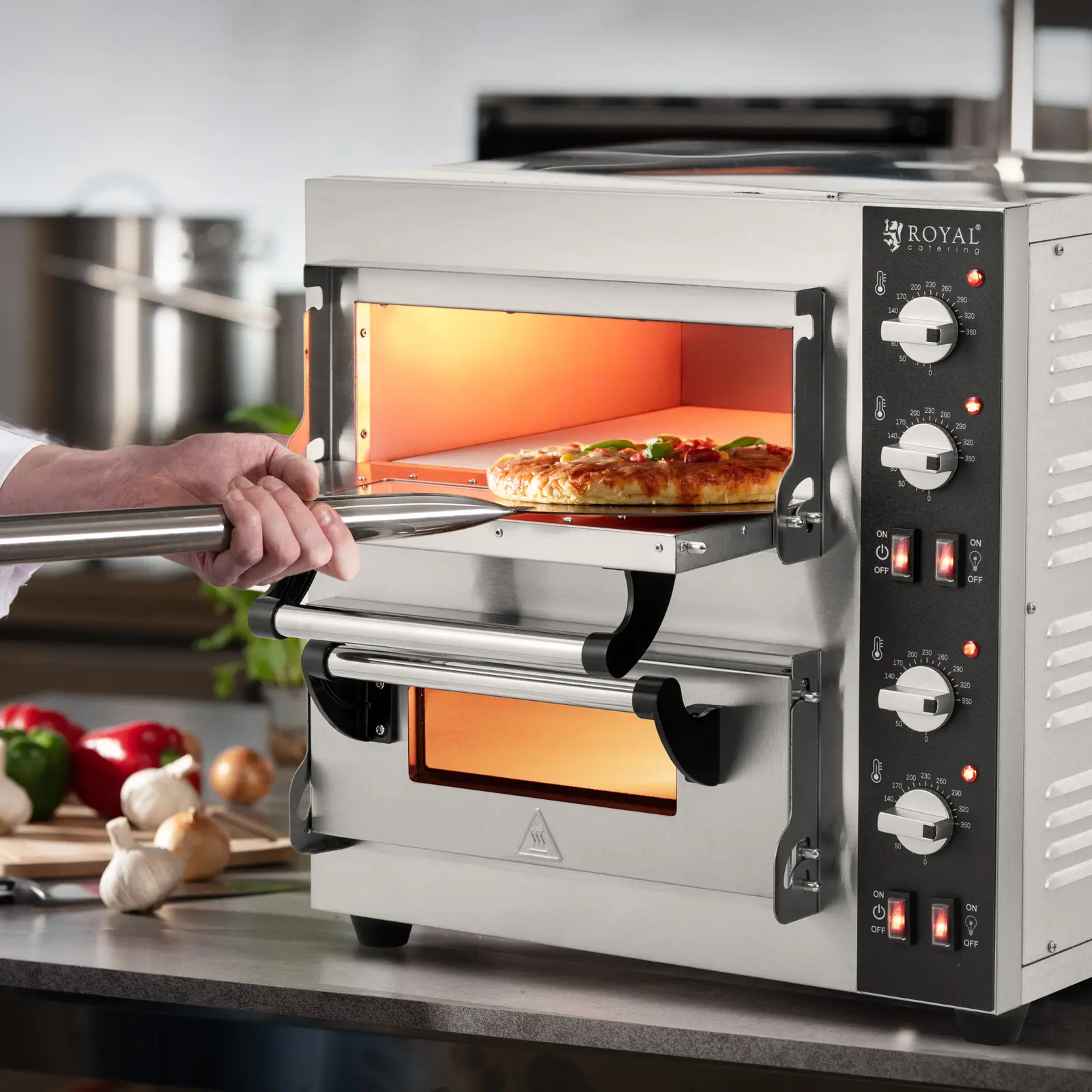 Elektrická pec na pizzu - 1+1 x 35 cm - 2 komory - 4 000 W - šamot - Royal Catering (Komín: Ne)