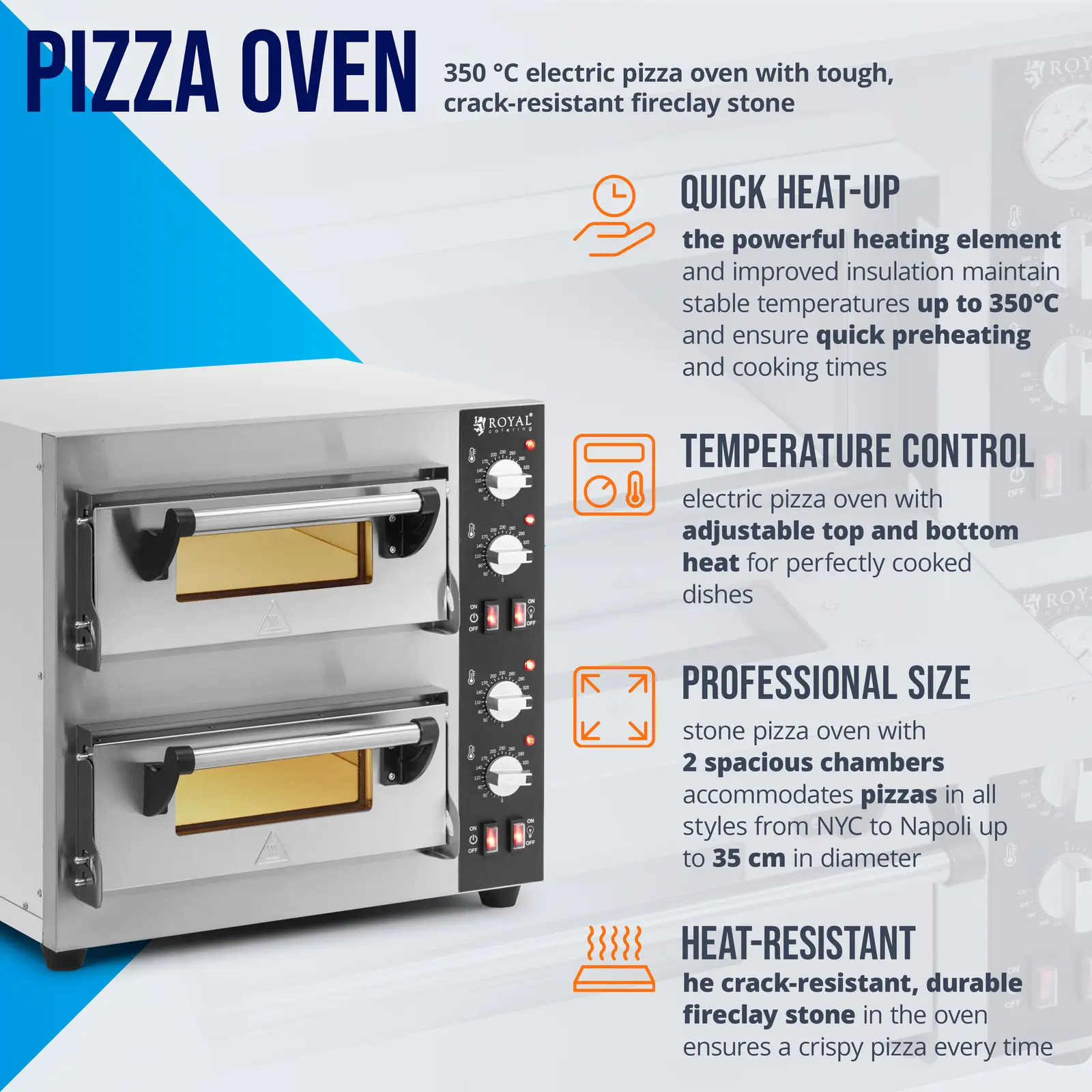 Elektrická pec na pizzu - 1+1 x 35 cm - 2 komory - 4 000 W - šamot - Royal Catering (Síla proudu: 17.3 Ah)