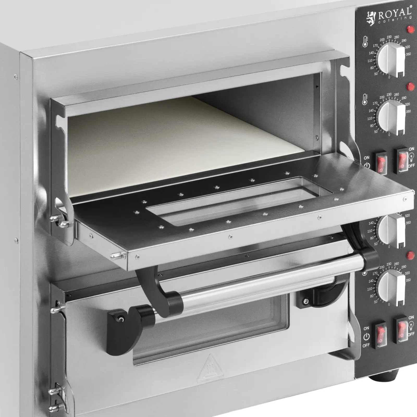 Elektrická pec na pizzu - 1+1 x 35 cm - 2 komory - 4 000 W - šamot - Royal Catering (Šamot: Ano)