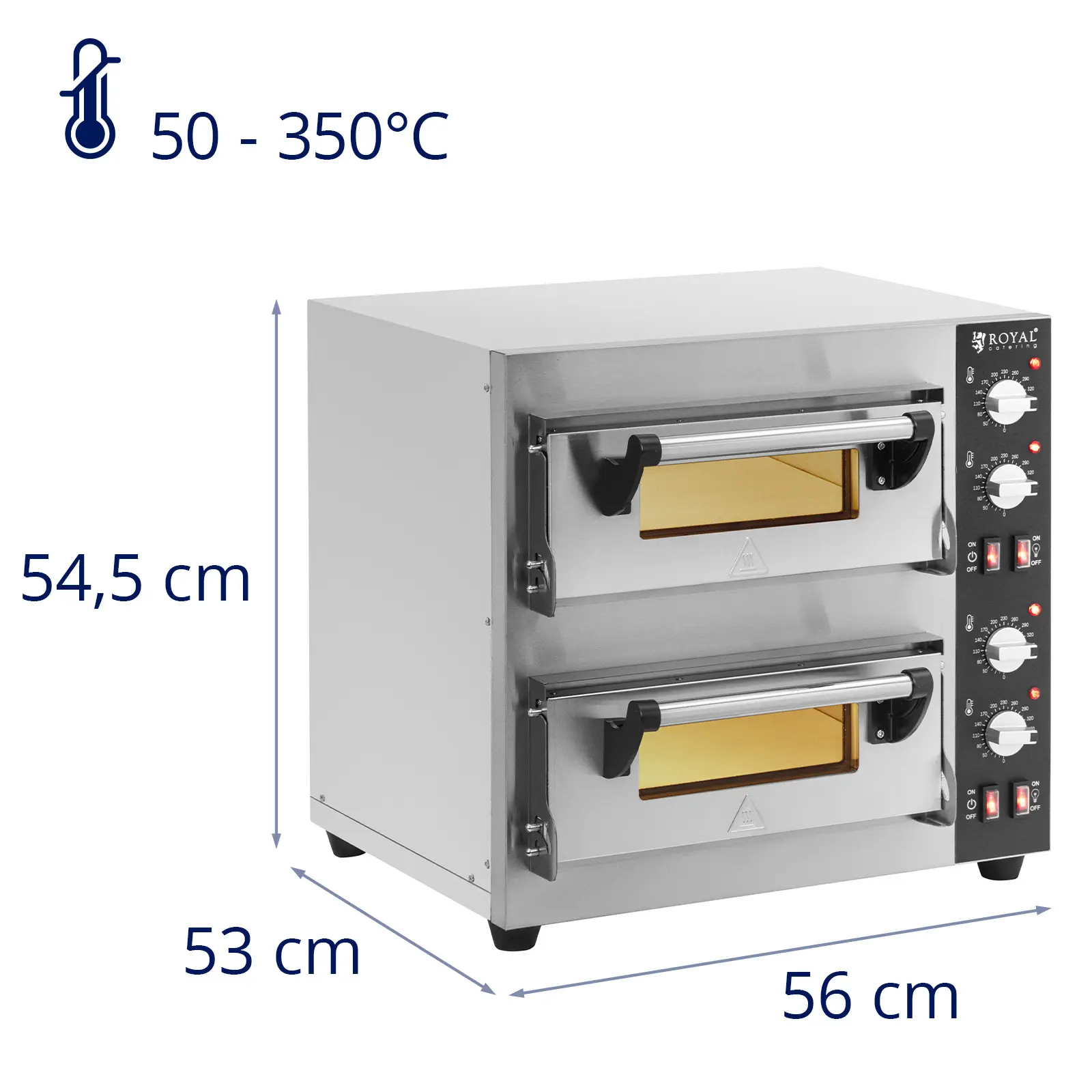 Elektrická pec na pizzu - 1+1 x 35 cm - 2 komory - 4 000 W - šamot - Royal Catering (Doba nahřívání: 22 m)
