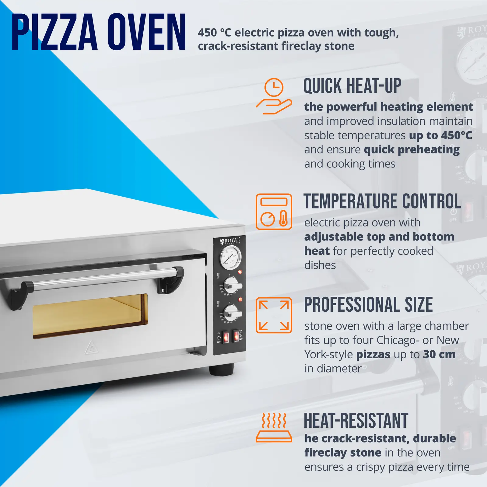 Four à pizza électrique - 4 x 30 cm - 1 cavité - 4 200 W - Chamotte - Royal Catering (Cheminée: Non)