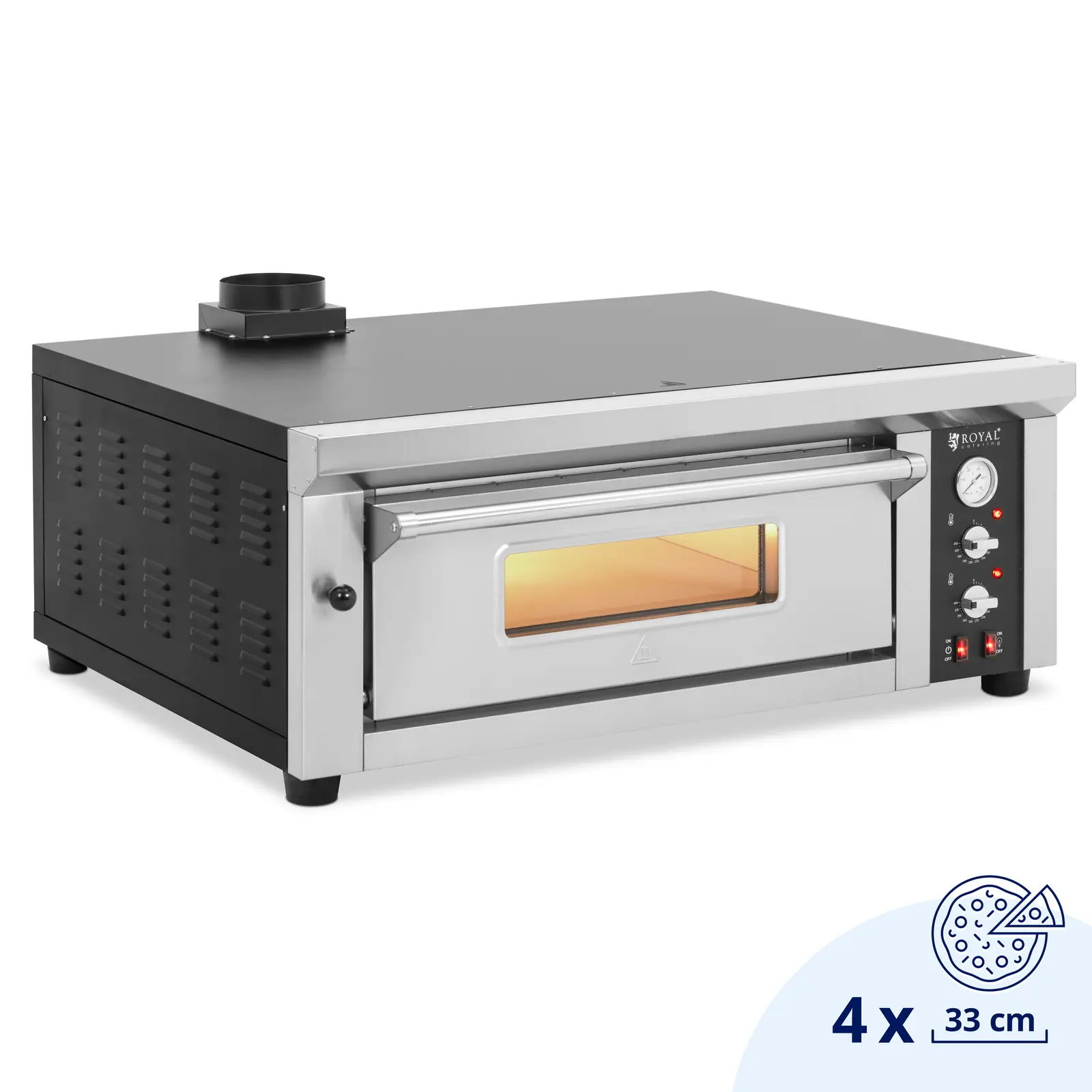 Piec do pizzy elektryczny - 4 x 33 cm - jednokomorowy - 4200 W - kamień szamotowy - Royal Catering