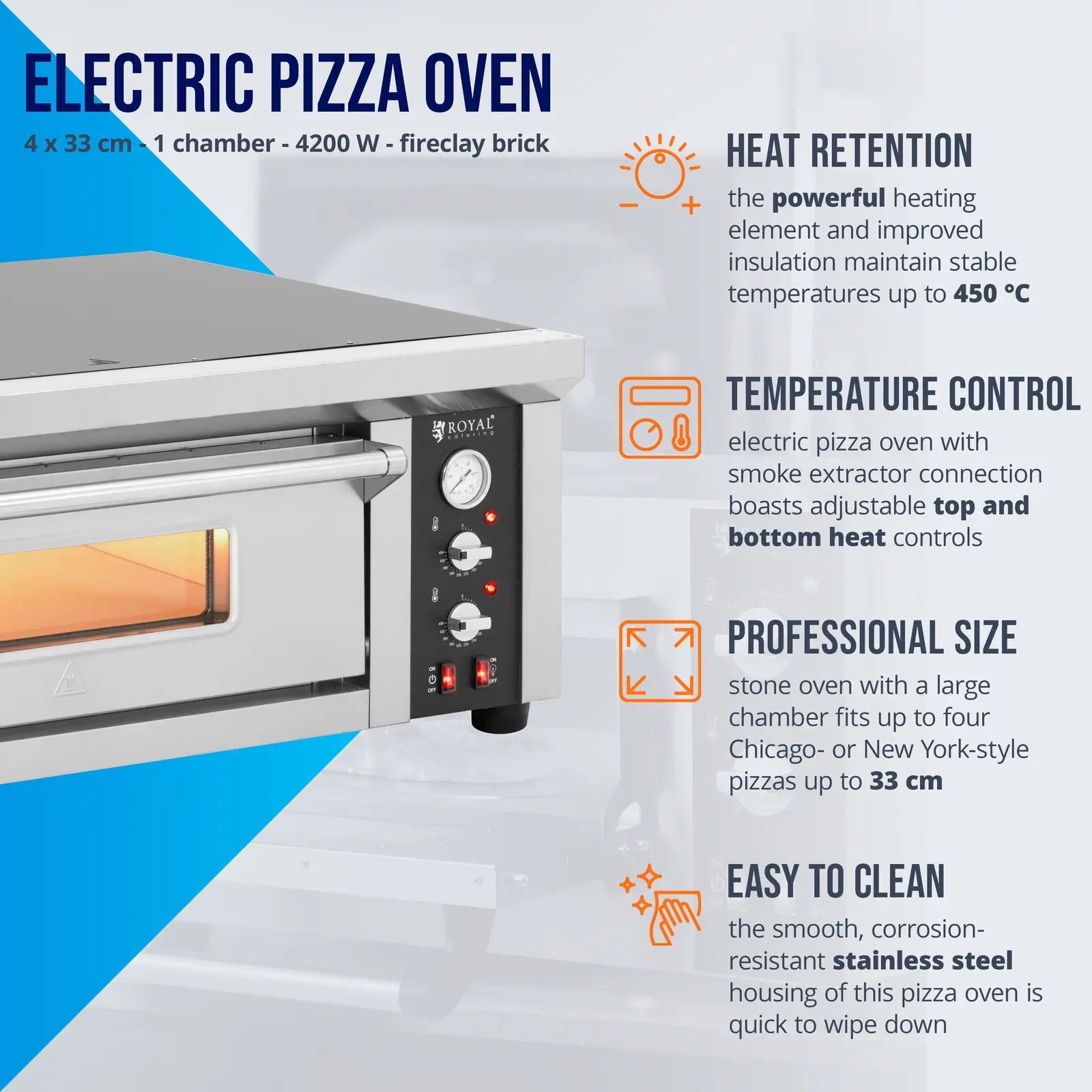 Electric Pizza Oven - 4 x 33 cm - 1 chamber - 4200 W - fireclay brick - Royal Catering