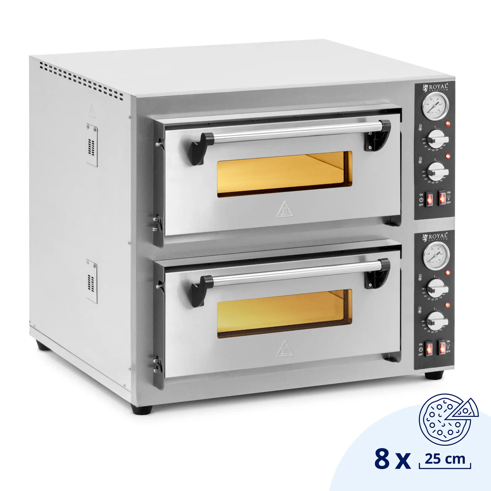 Piec do pizzy elektryczny - 4 + 4 x 25 cm - dwukomorowy - 8400 W - 400 V - kamień szamotowy - Royal Catering