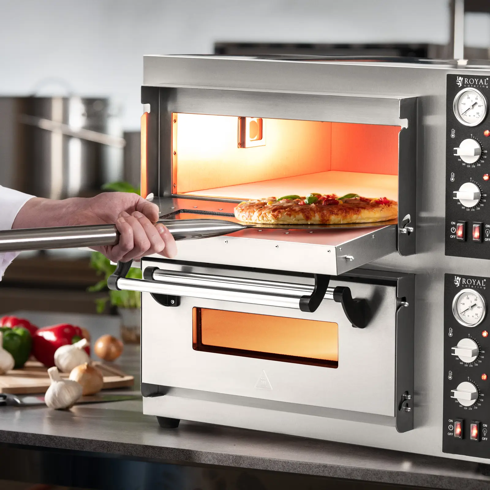 Four à pizza électrique - 4+4 x 25 cm - 2 cavités - 8 400 W - 400 V- Chamotte - Royal Catering (Série: ECO)