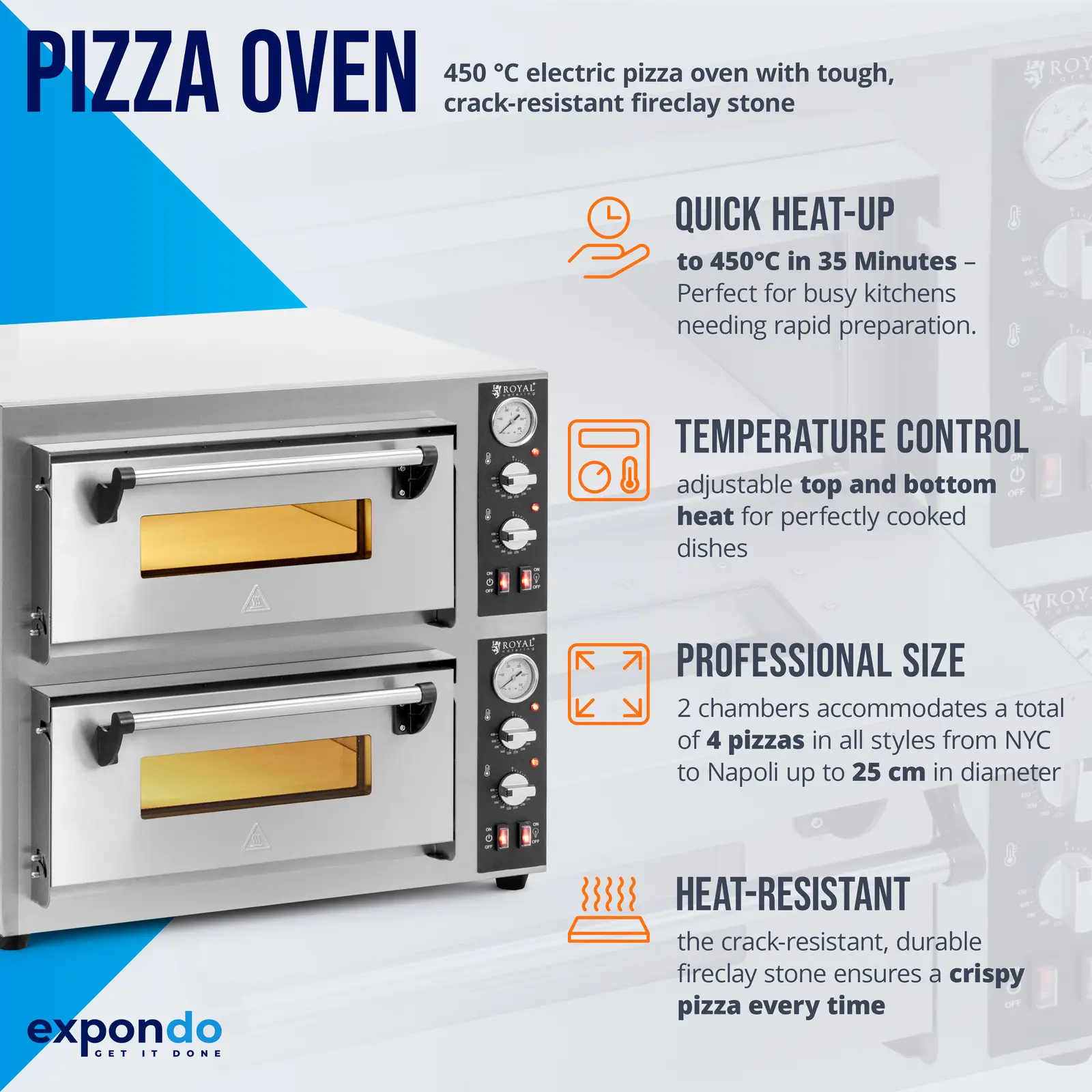 Four à pizza électrique - 4+4 x 25 cm - 2 cavités - 8 400 W - 400 V- Chamotte - Royal Catering (Cheminée: Non)