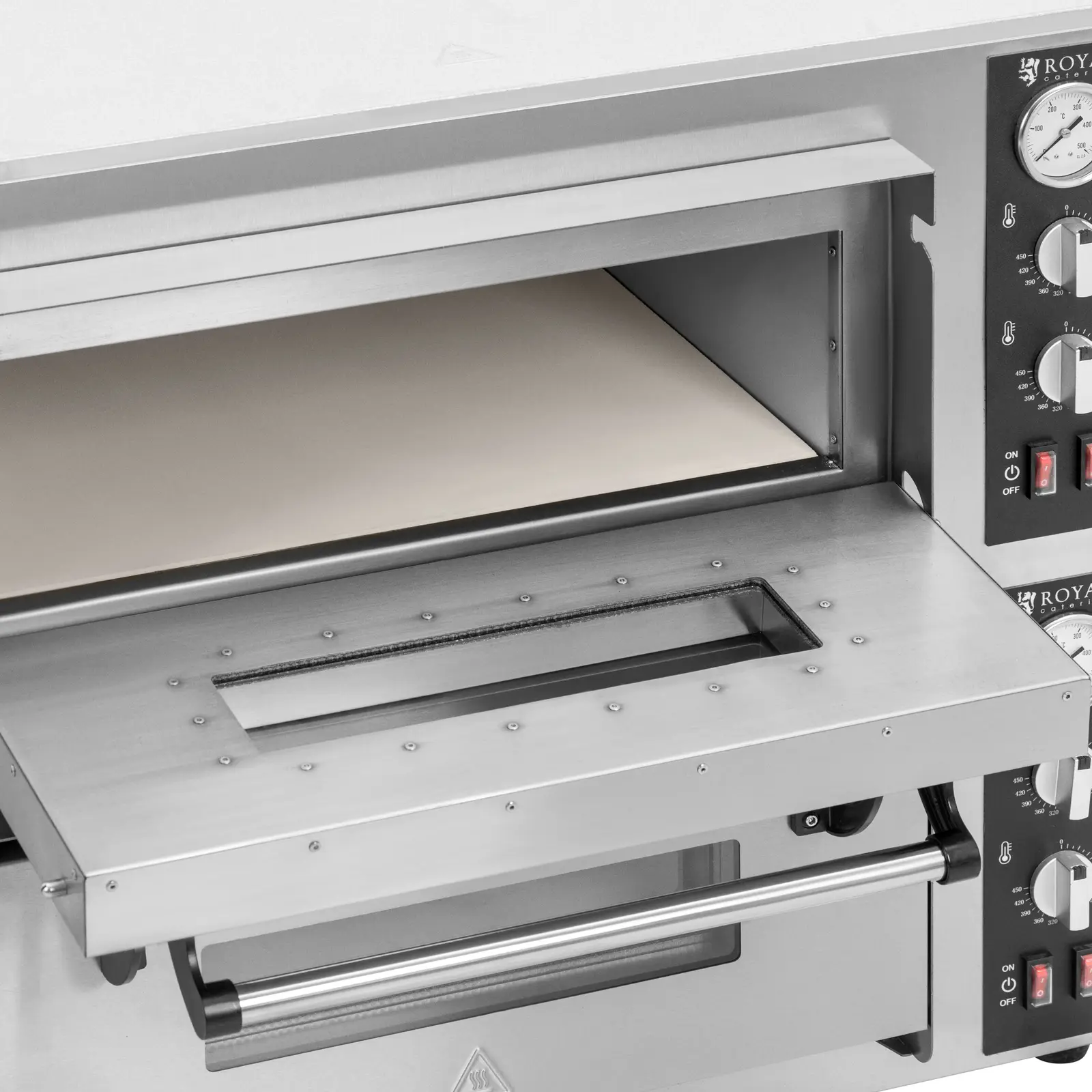 Four à pizza électrique - 4+4 x 25 cm - 2 cavités - 8 400 W - 400 V- Chamotte - Royal Catering (Ampérage: 12 Ah)