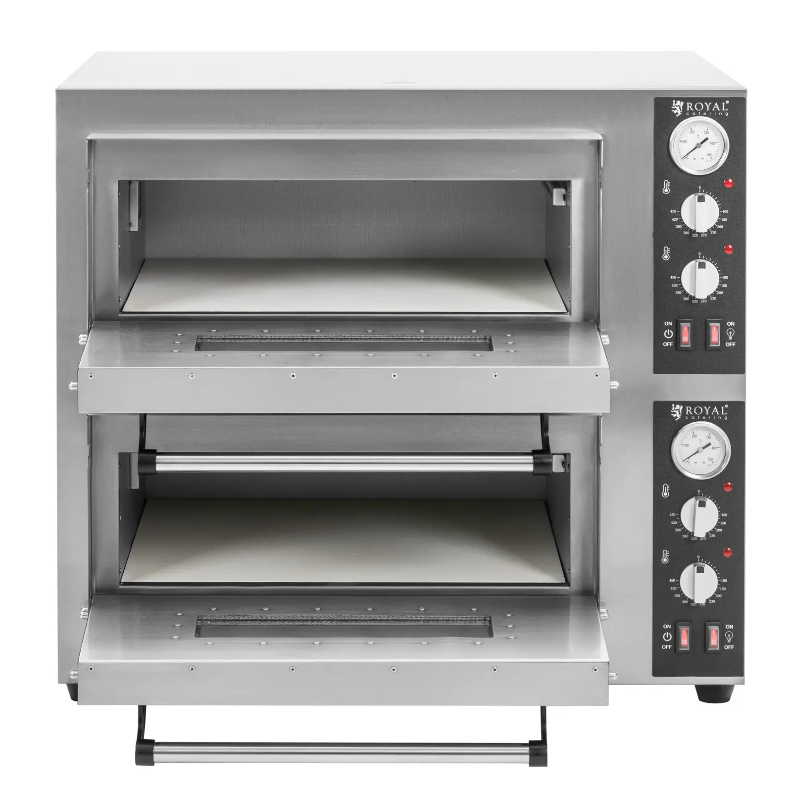 Four à pizza électrique - 4+4 x 25 cm - 2 cavités - 8 400 W - 400 V- Chamotte - Royal Catering (Minuterie: Non)