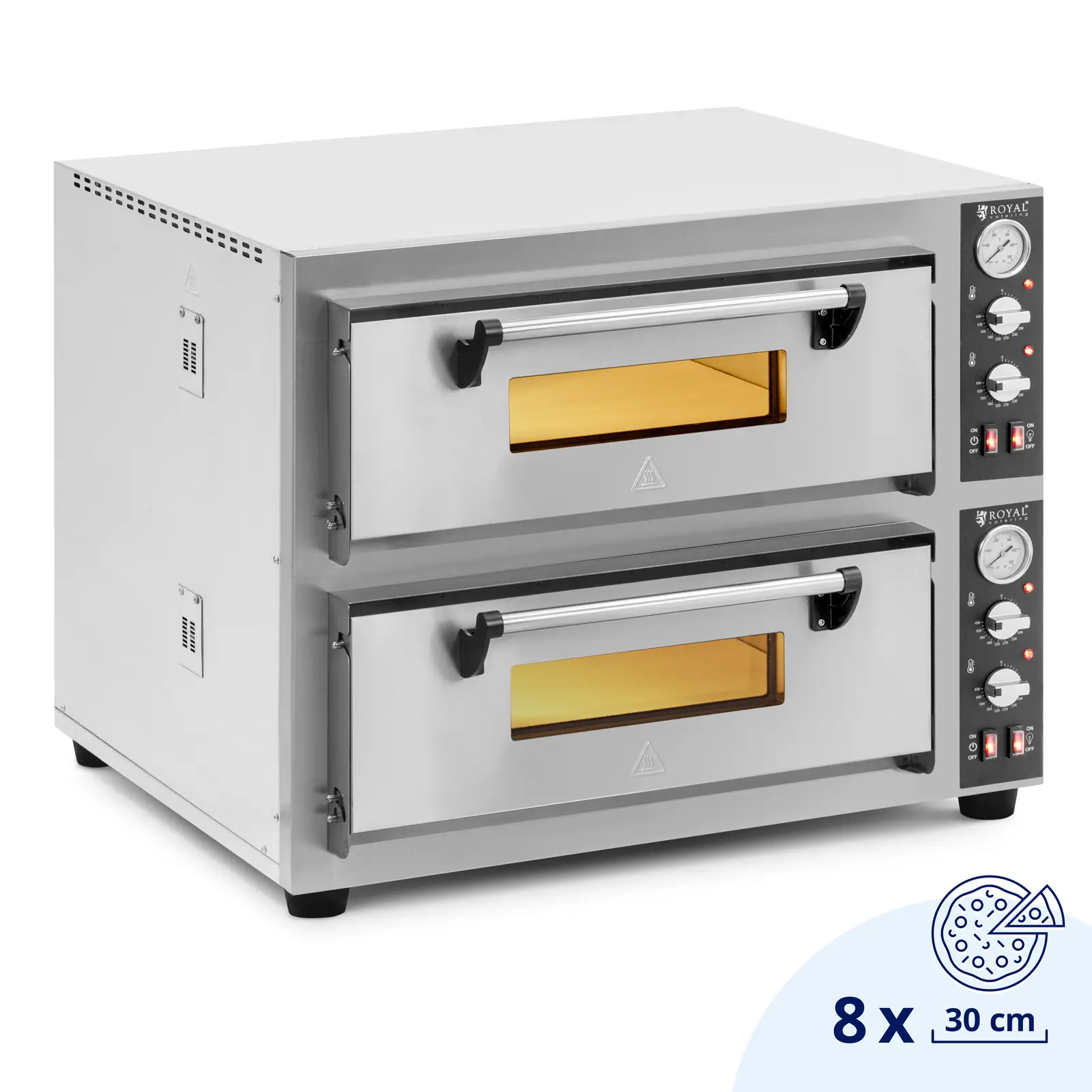 Piec do pizzy elektryczny - 4 + 4 x 30 cm - dwukomorowy - 8400 W - 400 V - kamień szamotowy - Royal Catering