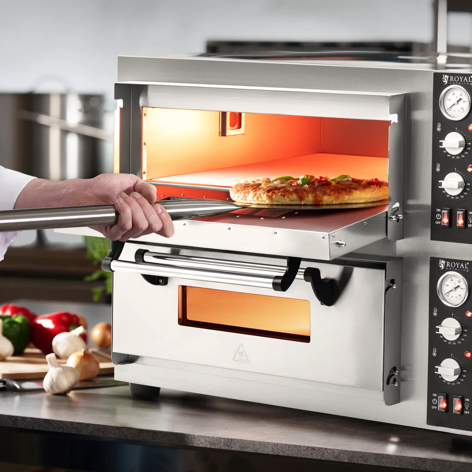 Elektrická pec na pizzu - 4+4 x 30 cm - 2 komory - 8 400 W - 400 V - šamot - Royal Catering (Komín: Ne)