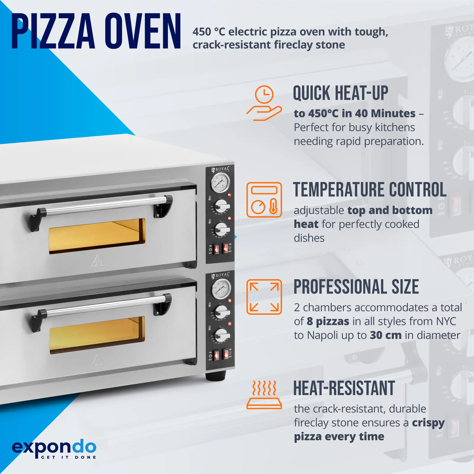 Elektrická pec na pizzu - 4+4 x 30 cm - 2 komory - 8 400 W - 400 V - šamot - Royal Catering (Síla proudu: 12 Ah)