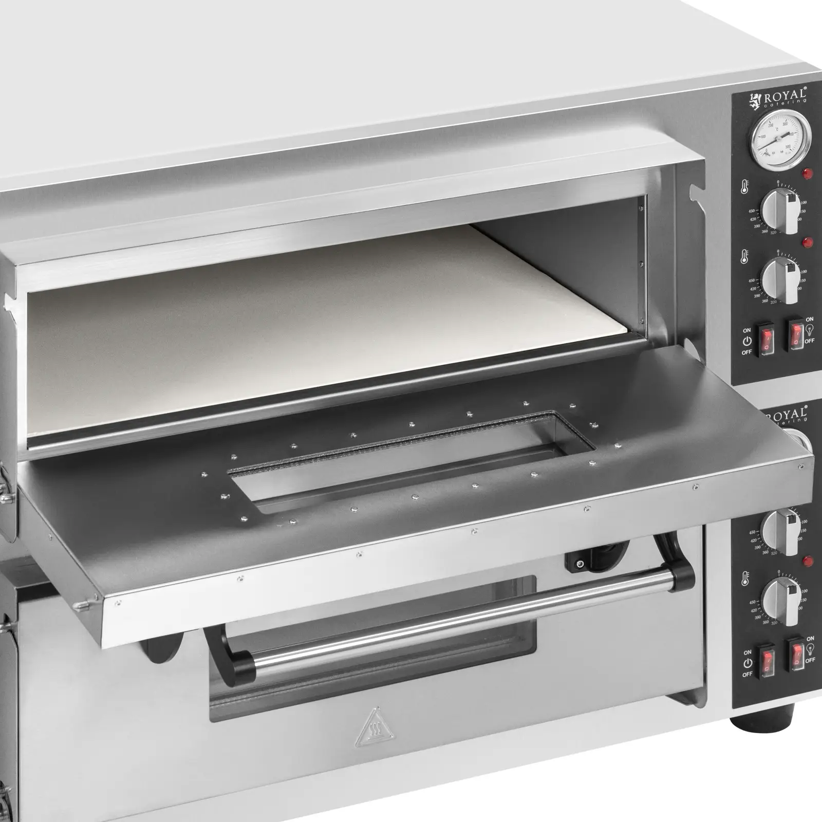Elektrická pec na pizzu - 4+4 x 30 cm - 2 komory - 8 400 W - 400 V - šamot - Royal Catering (Šamot: Ano)