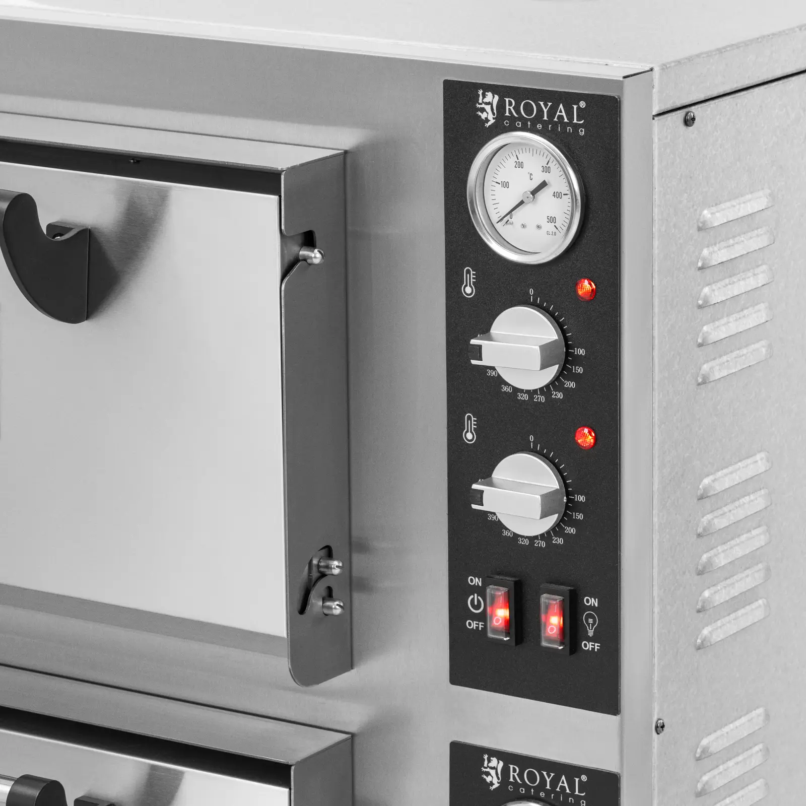 Elektrická pec na pizzu - 4+4 x 30 cm - 2 komory - 8 400 W - 400 V - šamot - Royal Catering (Časovač: Ne)