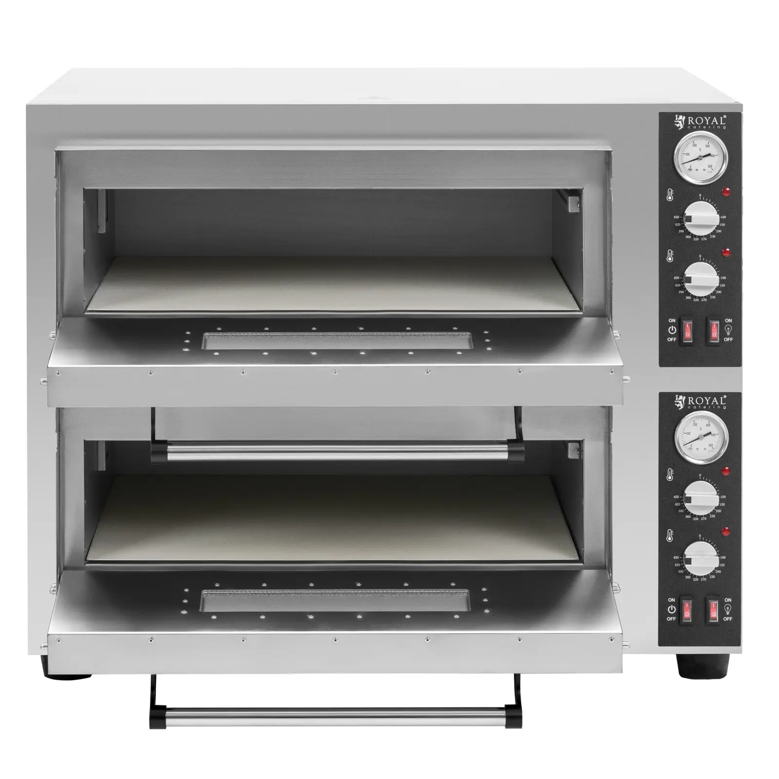 Elektrická pec na pizzu - 4+4 x 30 cm - 2 komory - 8 400 W - 400 V - šamot - Royal Catering (Délka kabelu: 200 cm)