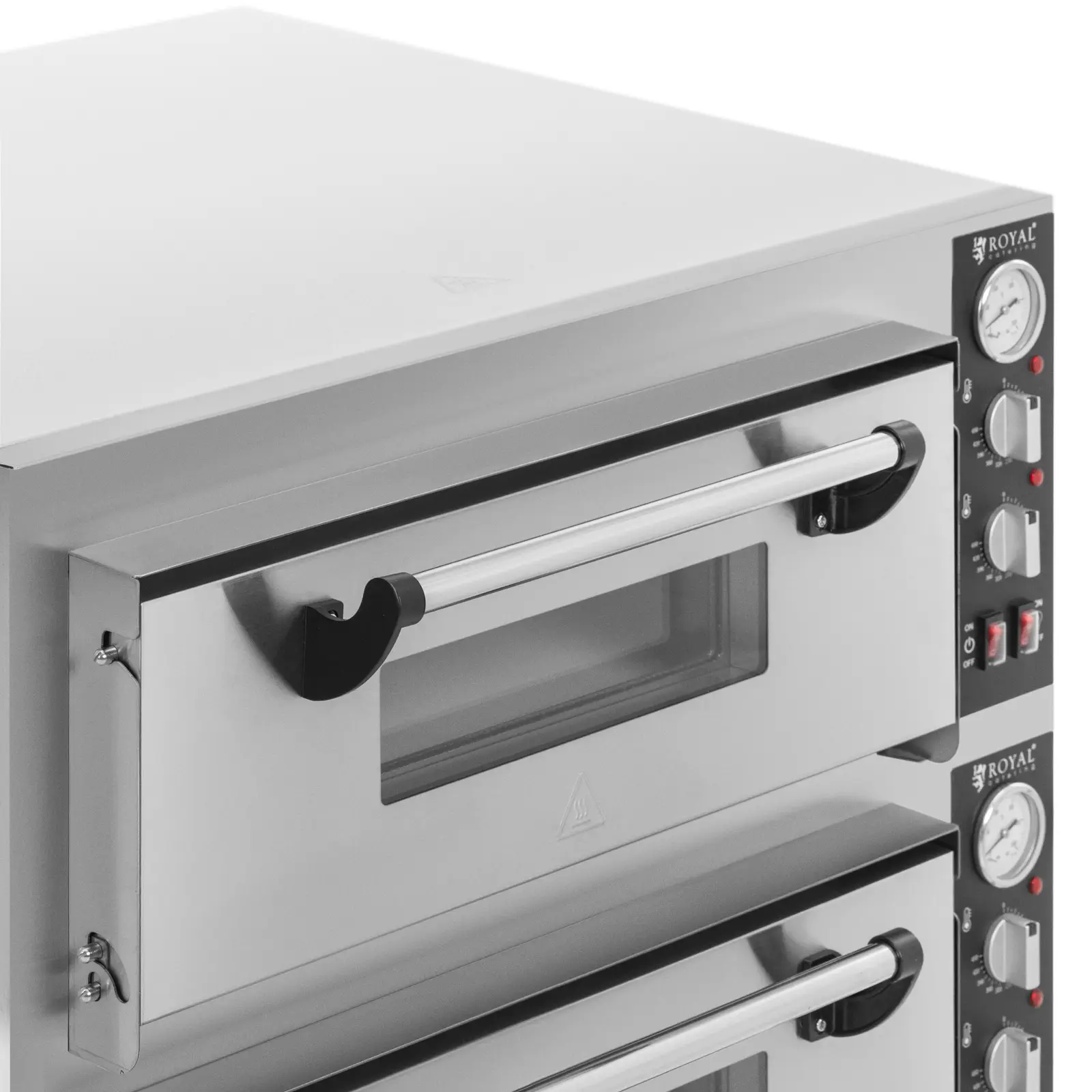 Elektrická pec na pizzu - 4+4 x 30 cm - 2 komory - 8 400 W - 400 V - šamot - Royal Catering (Skleněné okno: Ano)