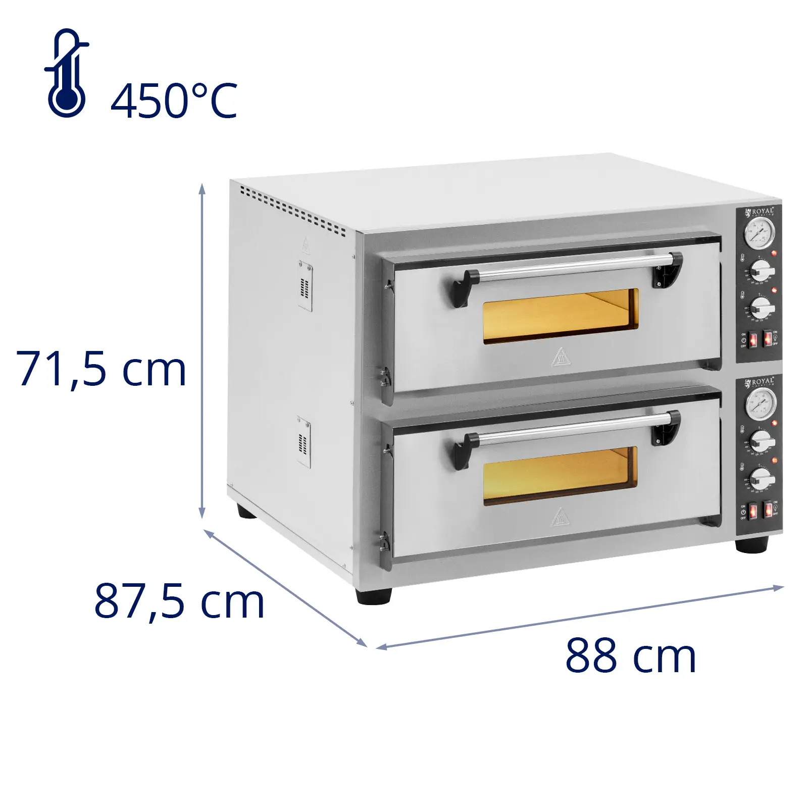 Elektrická pec na pizzu - 4+4 x 30 cm - 2 komory - 8 400 W - 400 V - šamot - Royal Catering (Doba nahřívání: 40 m)