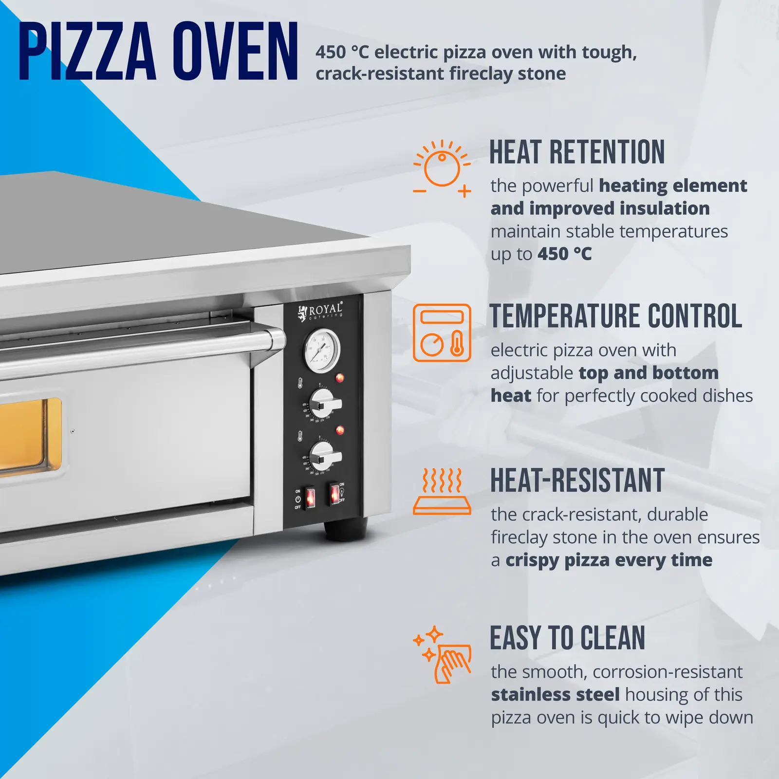 Four à pizza électrique - 6 x 33 cm - 1 cavité - 6 600 W - 400 V- Chamotte - Royal Catering (Cheminée: Oui)