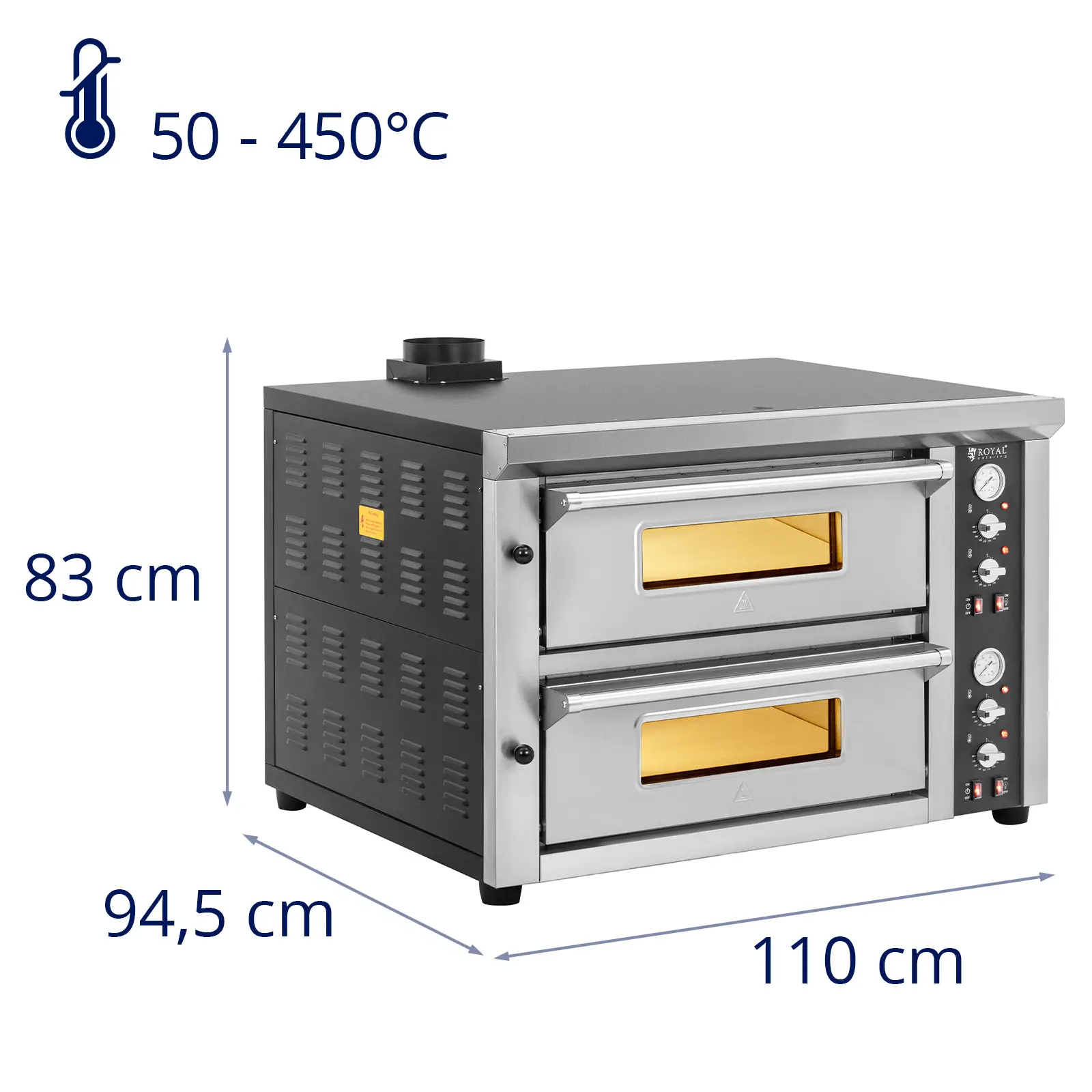 Elektrická pec na pizzu - 4+4 x 33 cm - 2 komory - 8 400 W - 400 V - šamot - Royal Catering (Hloubka: 88 cm)