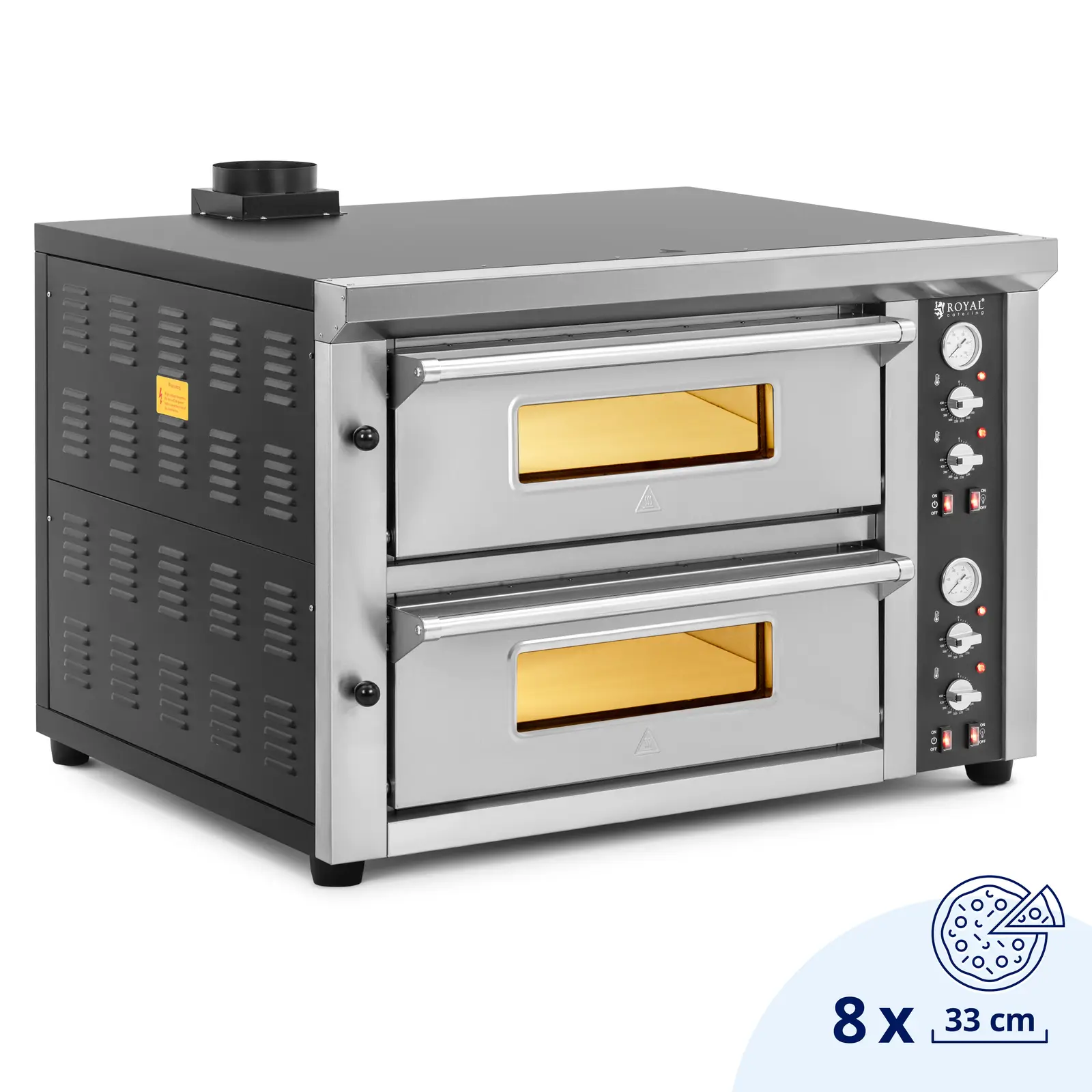 Piec do pizzy elektryczny - 4 + 4 x 33 cm - dwukomorowy - 8400 W - 400 V - kamień szamotowy - Royal Catering