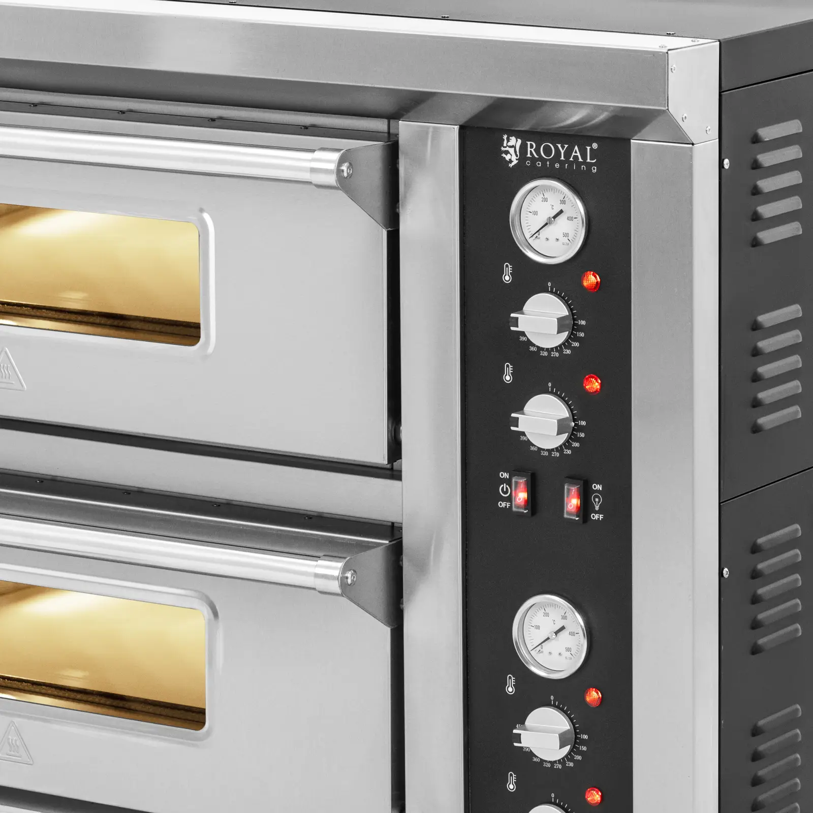 Elektrická pec na pizzu - 4+4 x 33 cm - 2 komory - 8 400 W - 400 V - šamot - Royal Catering (Komín: Ano)