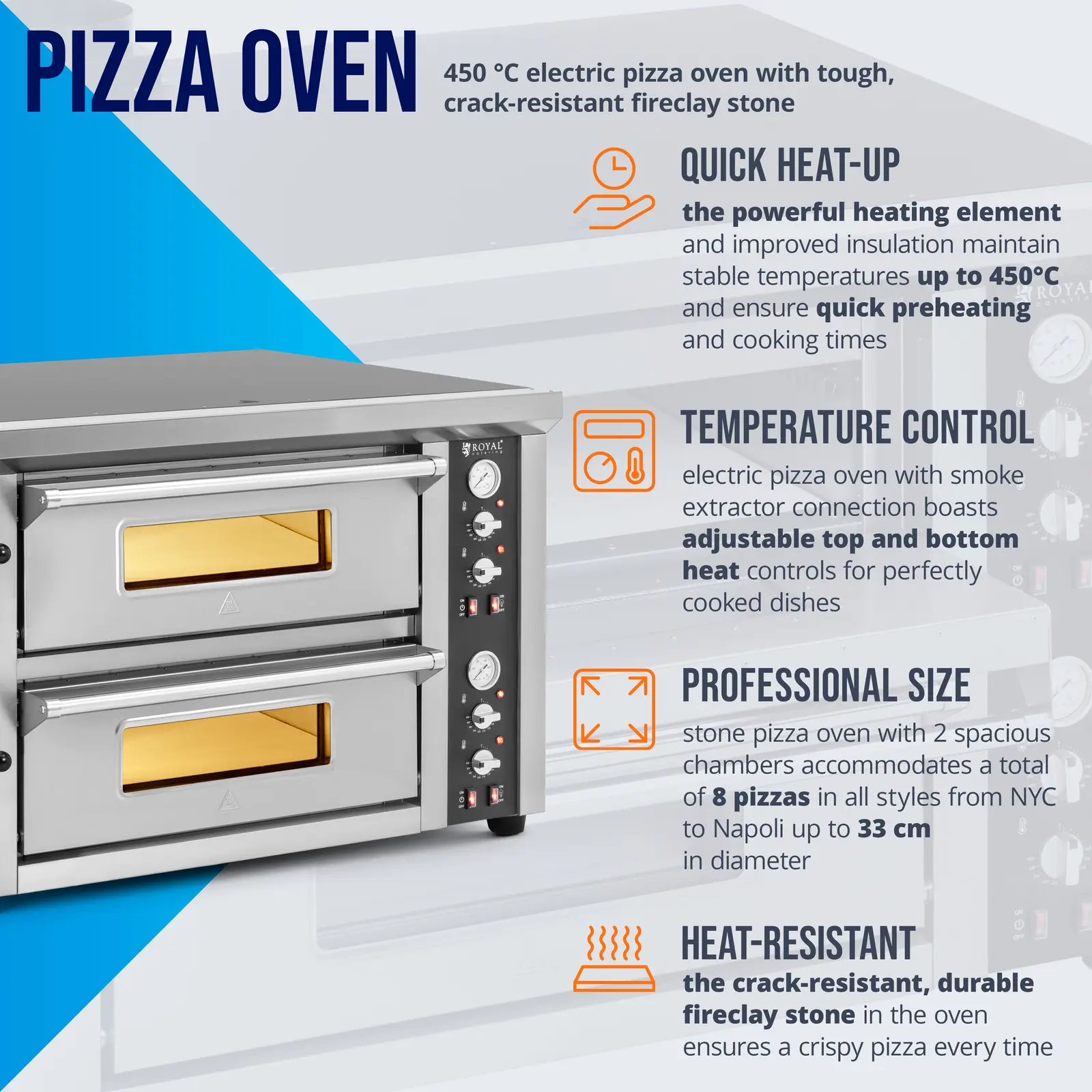 Elektrická pec na pizzu - 4+4 x 33 cm - 2 komory - 8 400 W - 400 V - šamot - Royal Catering (Síla proudu: 12 Ah)