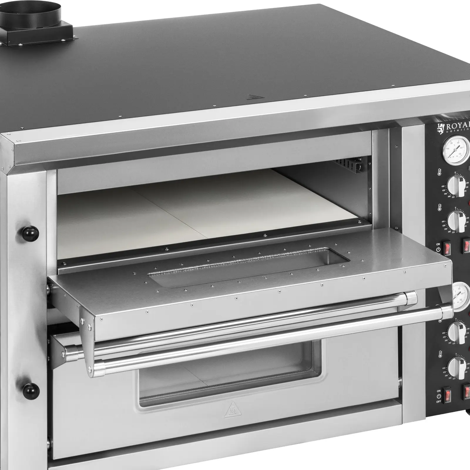 Elektrisk pizzaovn - 4+4 x 33 cm - 2 kammer - 8400 W - 400 V - ildleirestein - Royal Catering