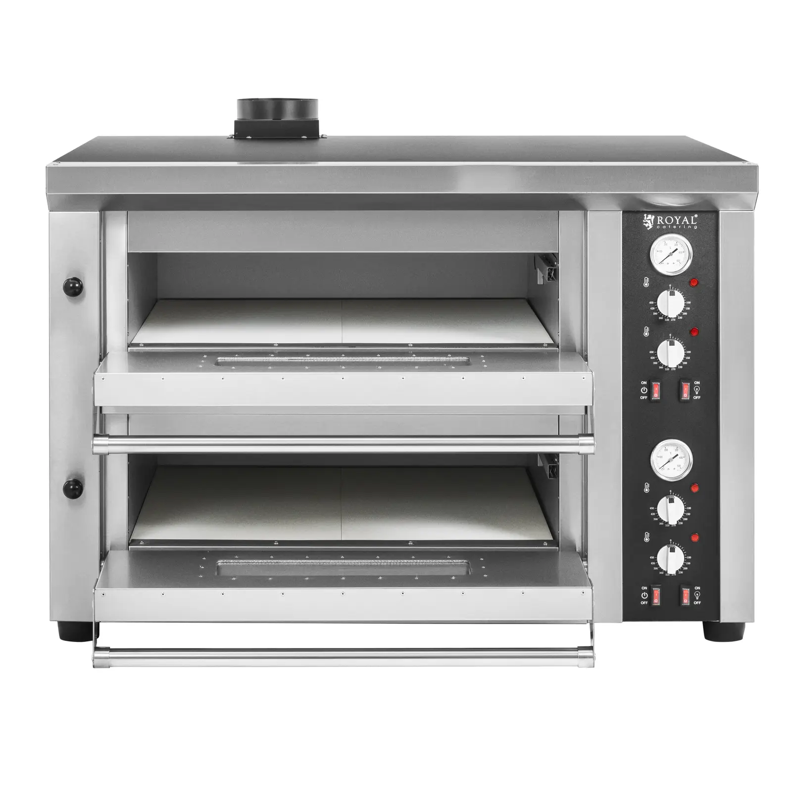 Elektrická pec na pizzu - 4+4 x 33 cm - 2 komory - 8 400 W - 400 V - šamot - Royal Catering (Otvory pro odvod vzduchu: Ano)