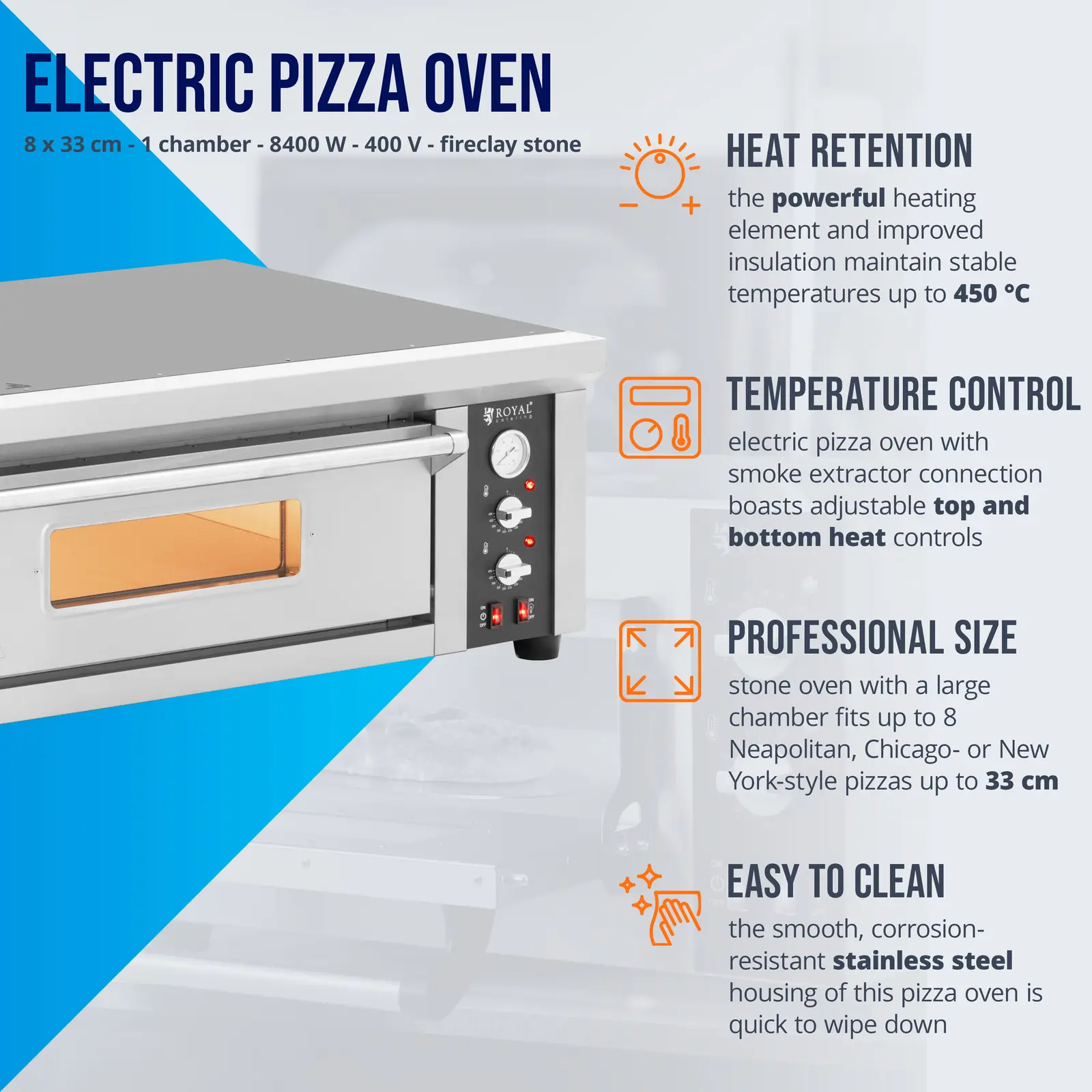 Elektrická pec na pizzu - 8 x 33 cm - 1 komora - 8400 W - 400 V - šamot - Royal Catering (Síla proudu: 12 Ah)