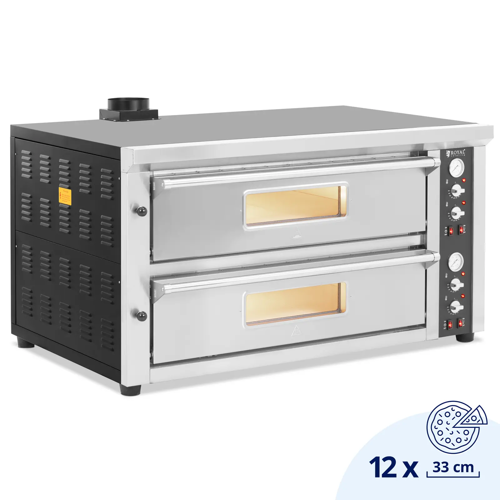 Piec do pizzy elektryczny - 6 + 6 x 33 cm - dwukomorowy - 13200 W - 400 V - kamień szamotowy - Royal Catering