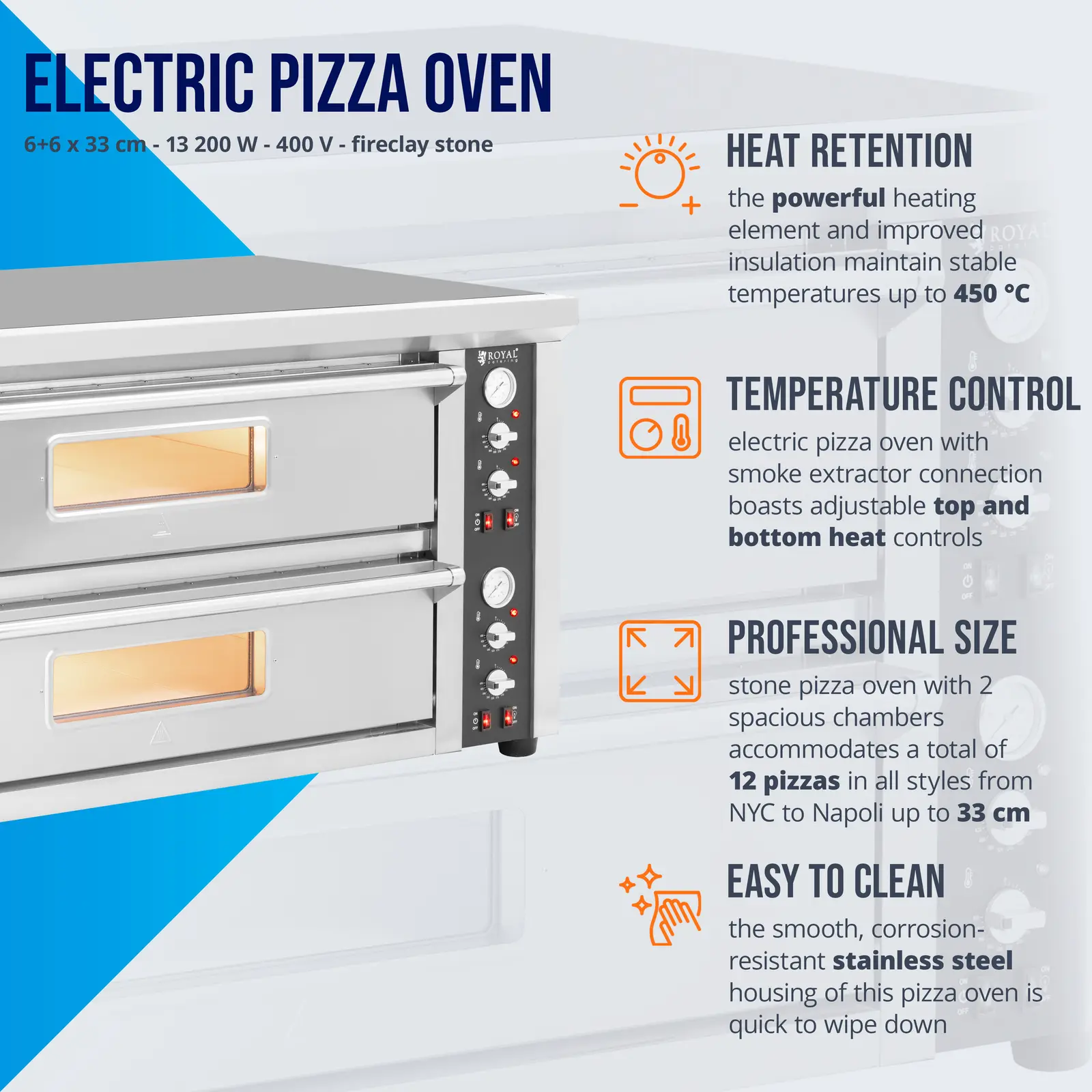 Elektrická pec na pizzu - 6+6 x 33 cm - 2 komory - 13 200 W - 400 V - šamot - Royal Catering (Síla proudu: 19 Ah)
