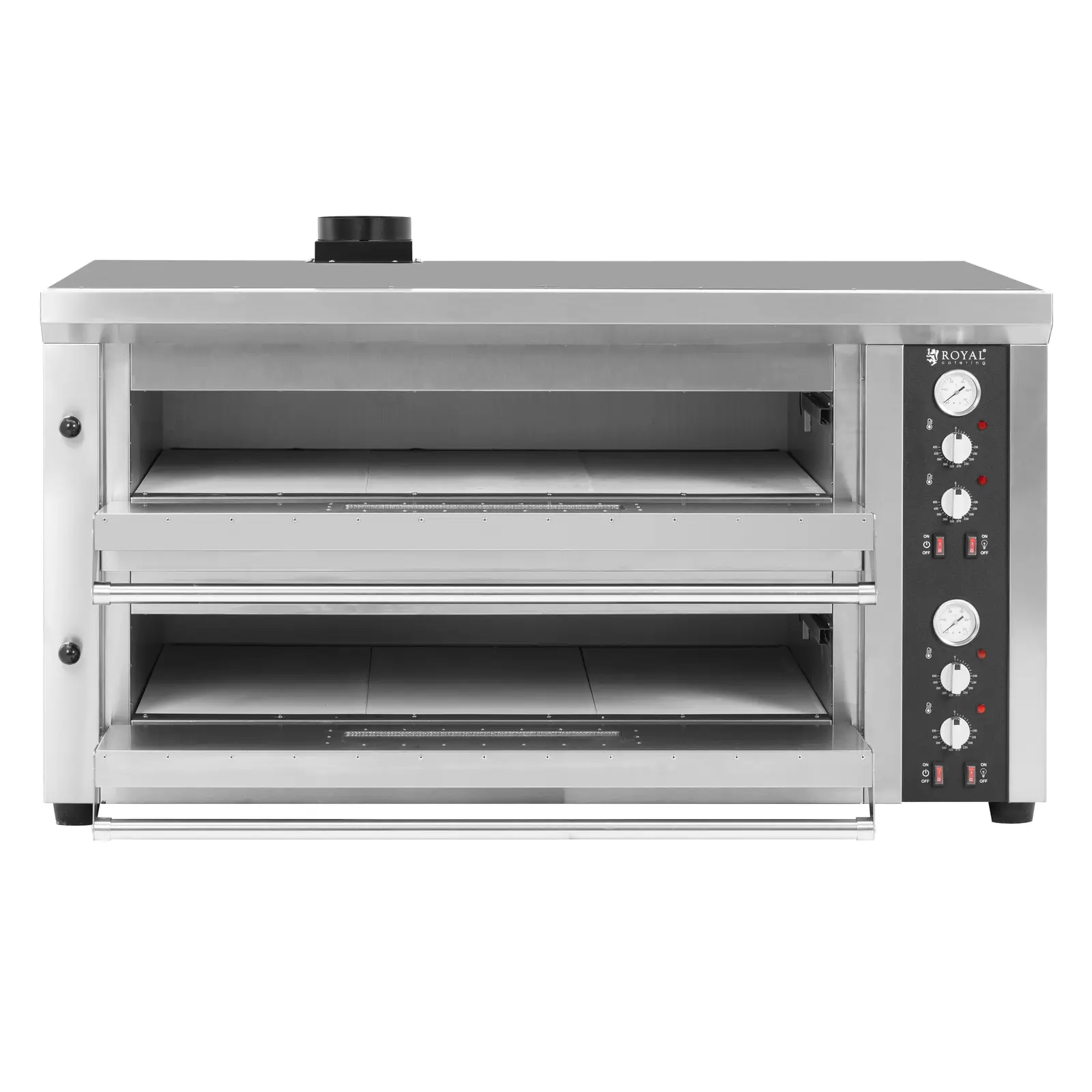 Piec do pizzy elektryczny - 6 + 6 x 33 cm - dwukomorowy - 13200 W - 400 V - kamień szamotowy - Royal Catering