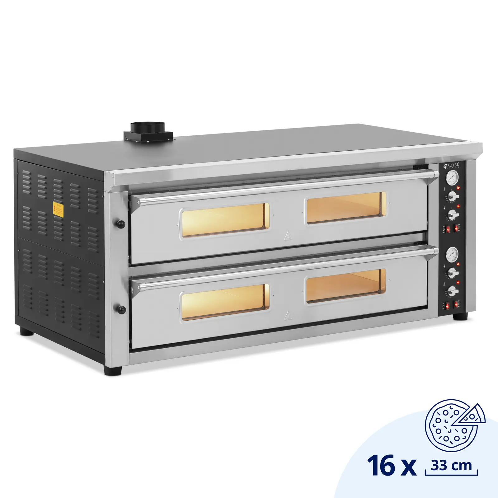 Piec do pizzy elektryczny - 8 + 8 x 33 cm - dwukomorowy - 16800 W - 400 V - kamień szamotowy - Royal Catering