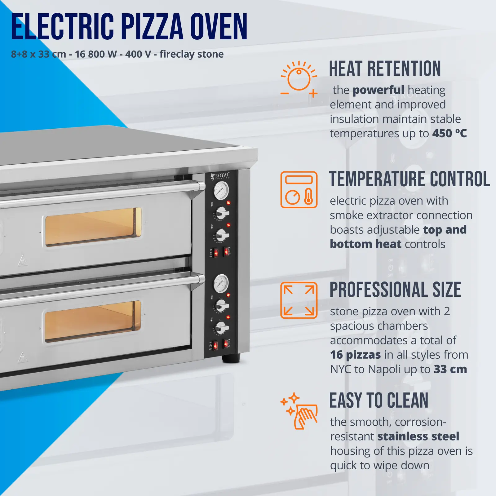 Elektrická pec na pizzu - 8+8 x 33 cm - 2 komory - 16 800 W - 400 V - šamot - Royal Catering (Síla proudu: 24 Ah)
