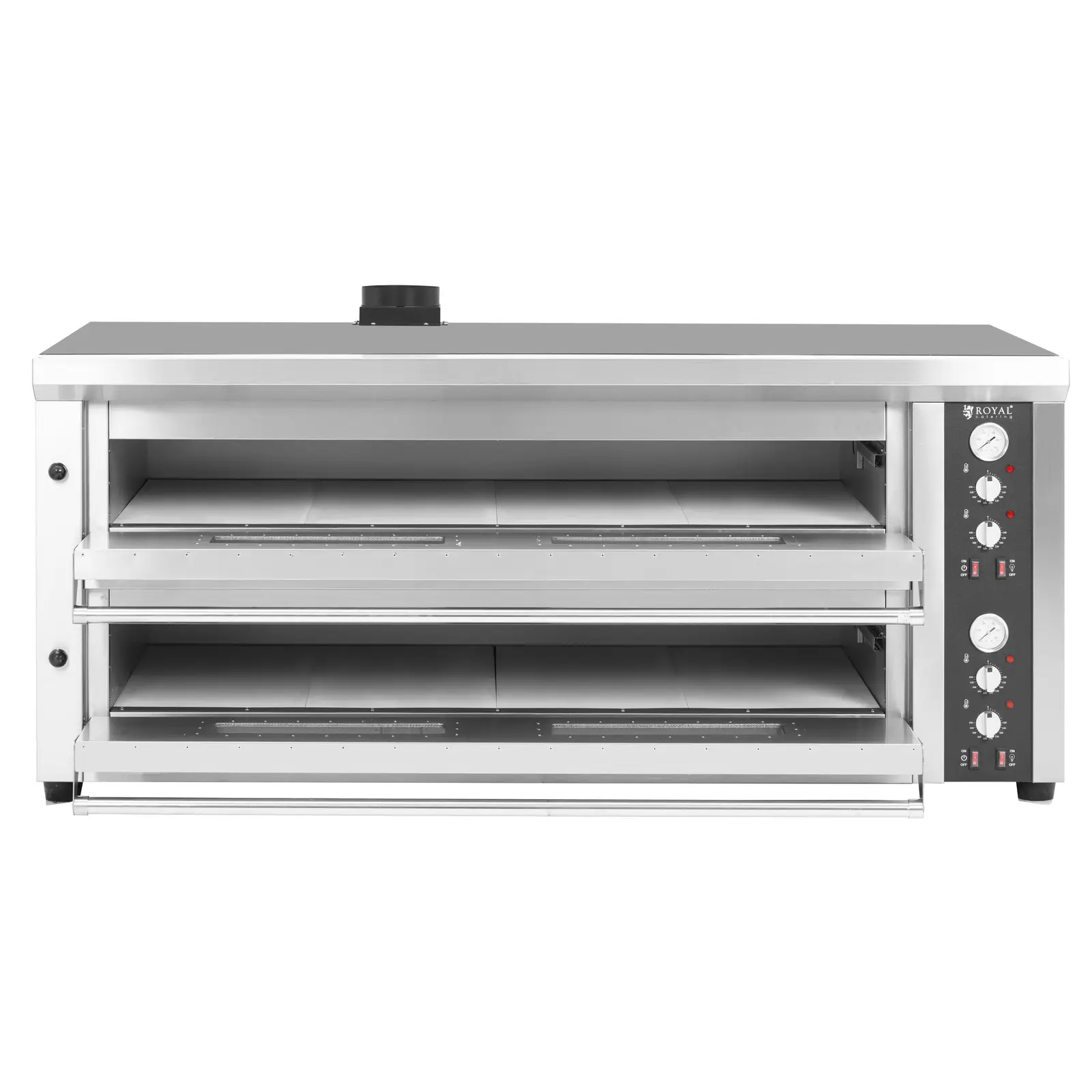 Elektrická pec na pizzu - 8+8 x 33 cm - 2 komory - 16 800 W - 400 V - šamot - Royal Catering (Skleněné okno: Ano)