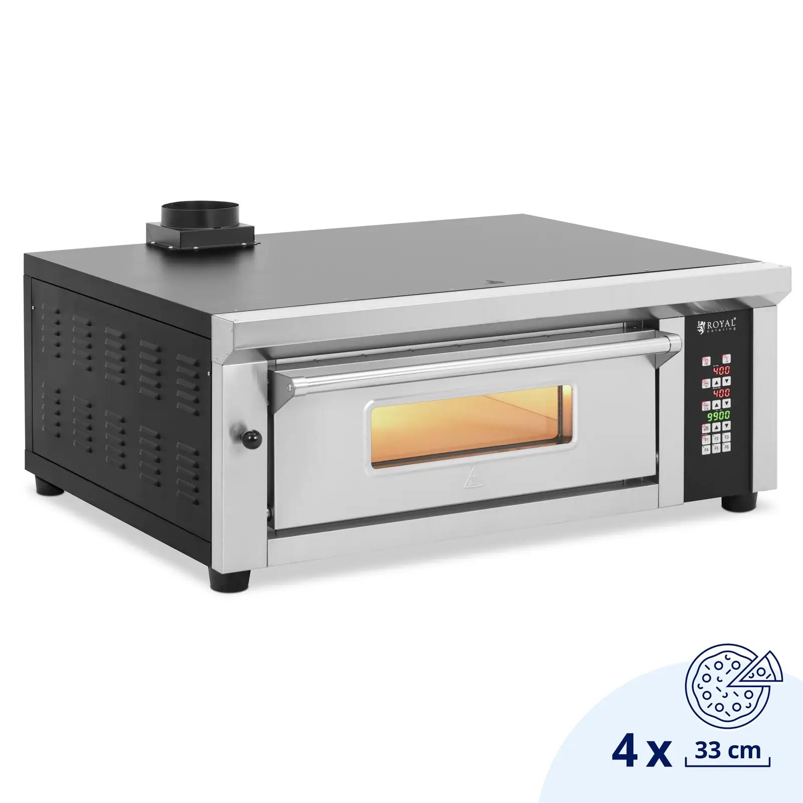 Piec do pizzy elektryczny - 4 x 33 cm - jednokomorowy - 4200 W - cyfrowy - kamień szamotowy - Royal Catering