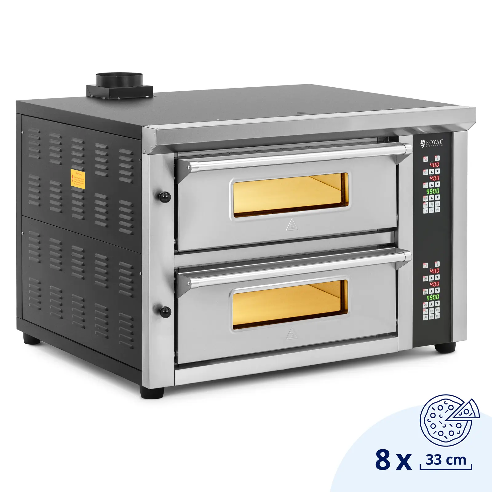 Piec do pizzy elektryczny - 4 + 4 x 33 cm - dwukomorowy - 8400 W - 400 V - cyfrowy - kamień szamotowy - Royal Catering