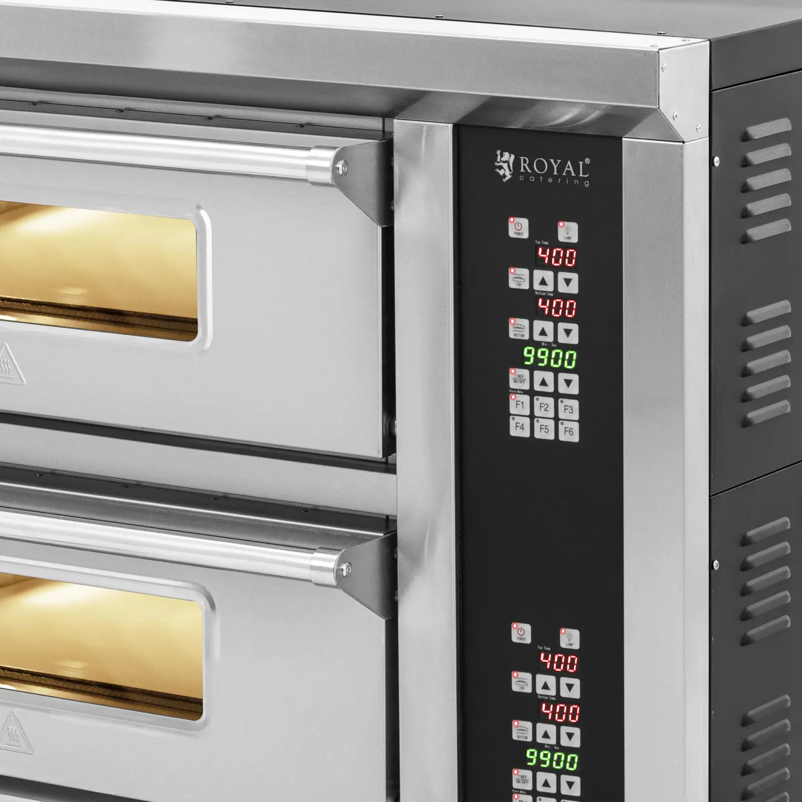 Elektrická pec na pizzu - 4+4 x 33 cm - 2 komory - 8 400 W - 400 V - digitální - šamot - Royal Catering (Komín: Ano)