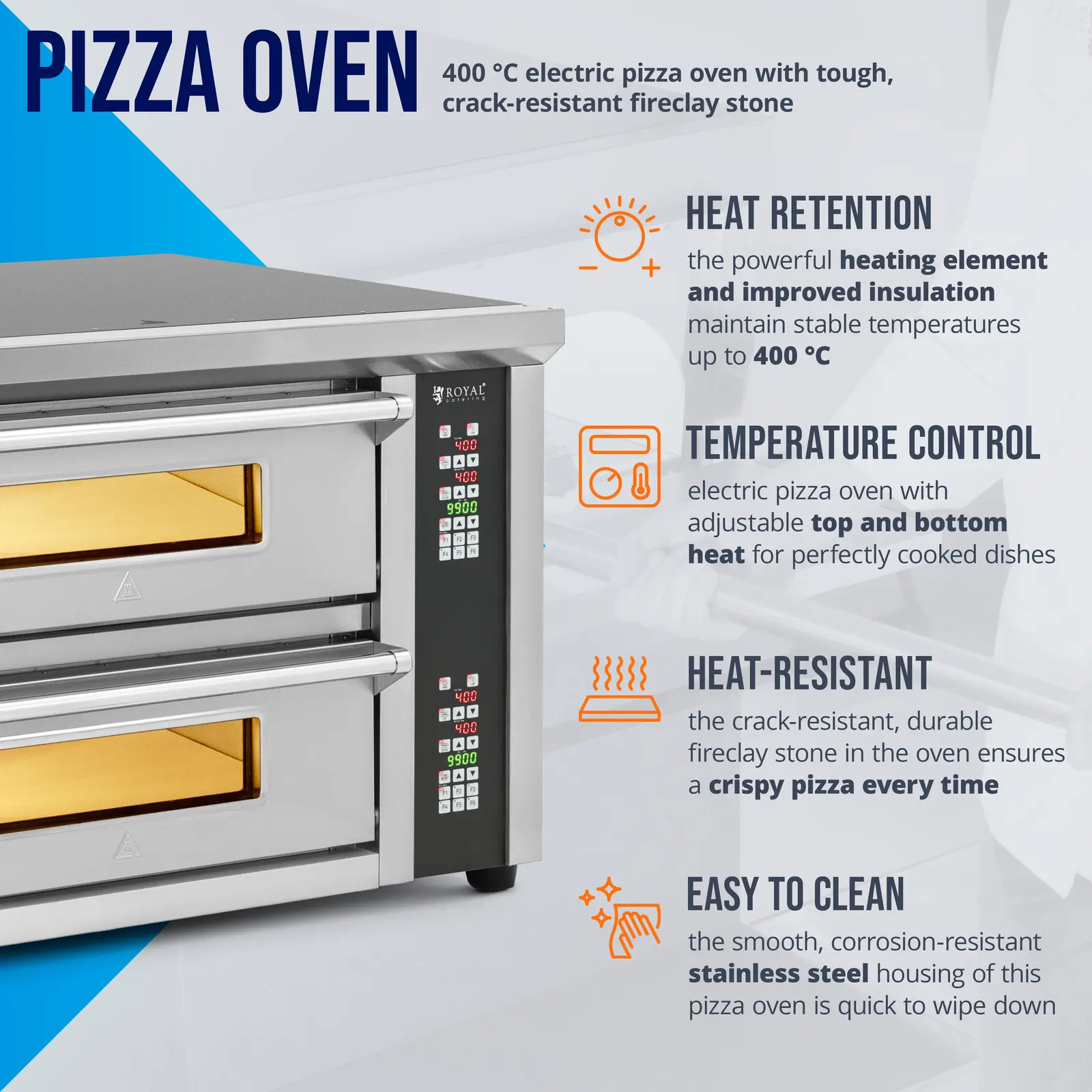 Elektrická pec na pizzu - 4+4 x 33 cm - 2 komory - 8 400 W - 400 V - digitální - šamot - Royal Catering (Síla proudu: 12 Ah)
