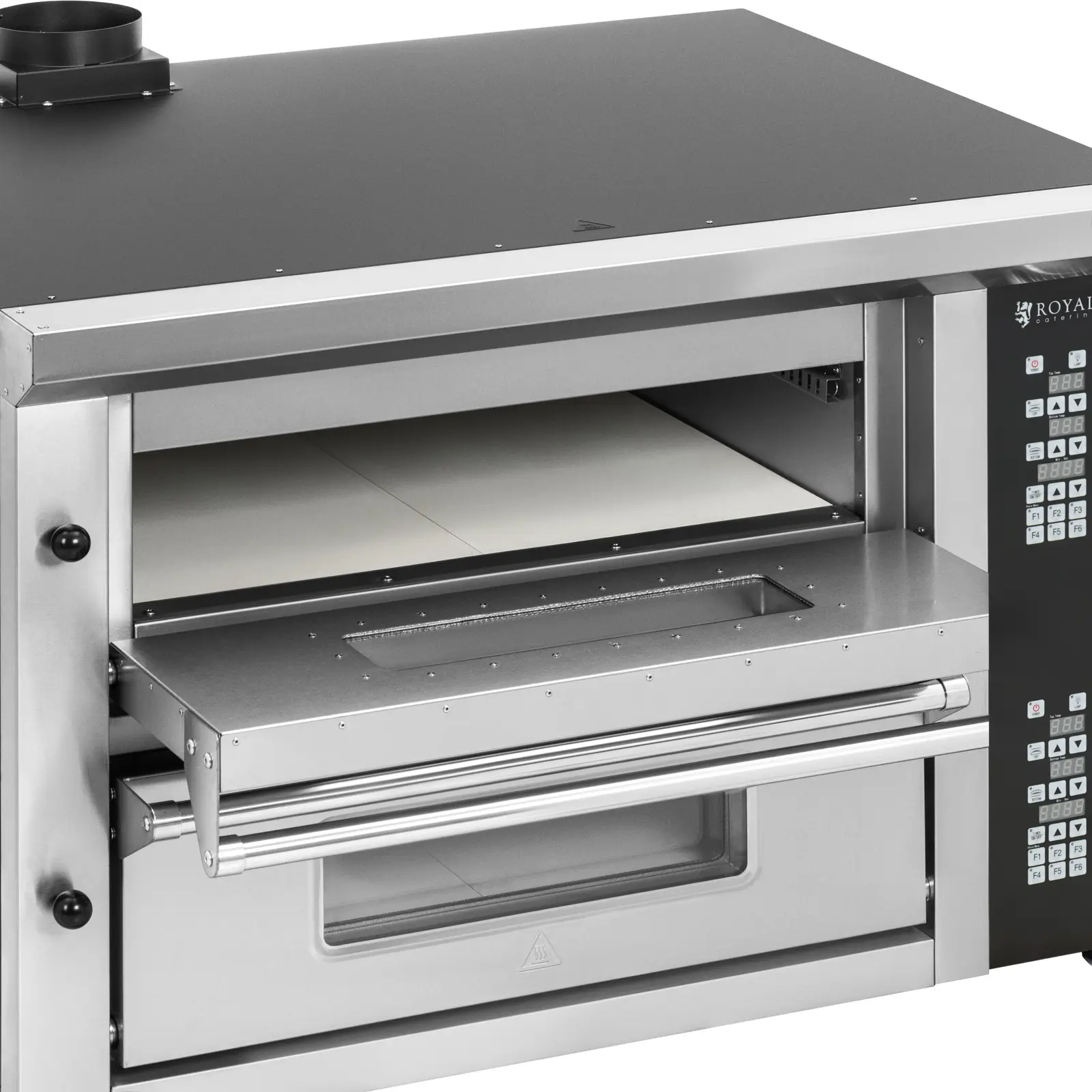 Elektrická pec na pizzu - 4+4 x 33 cm - 2 komory - 8 400 W - 400 V - digitální - šamot - Royal Catering (Šamot: Ano)